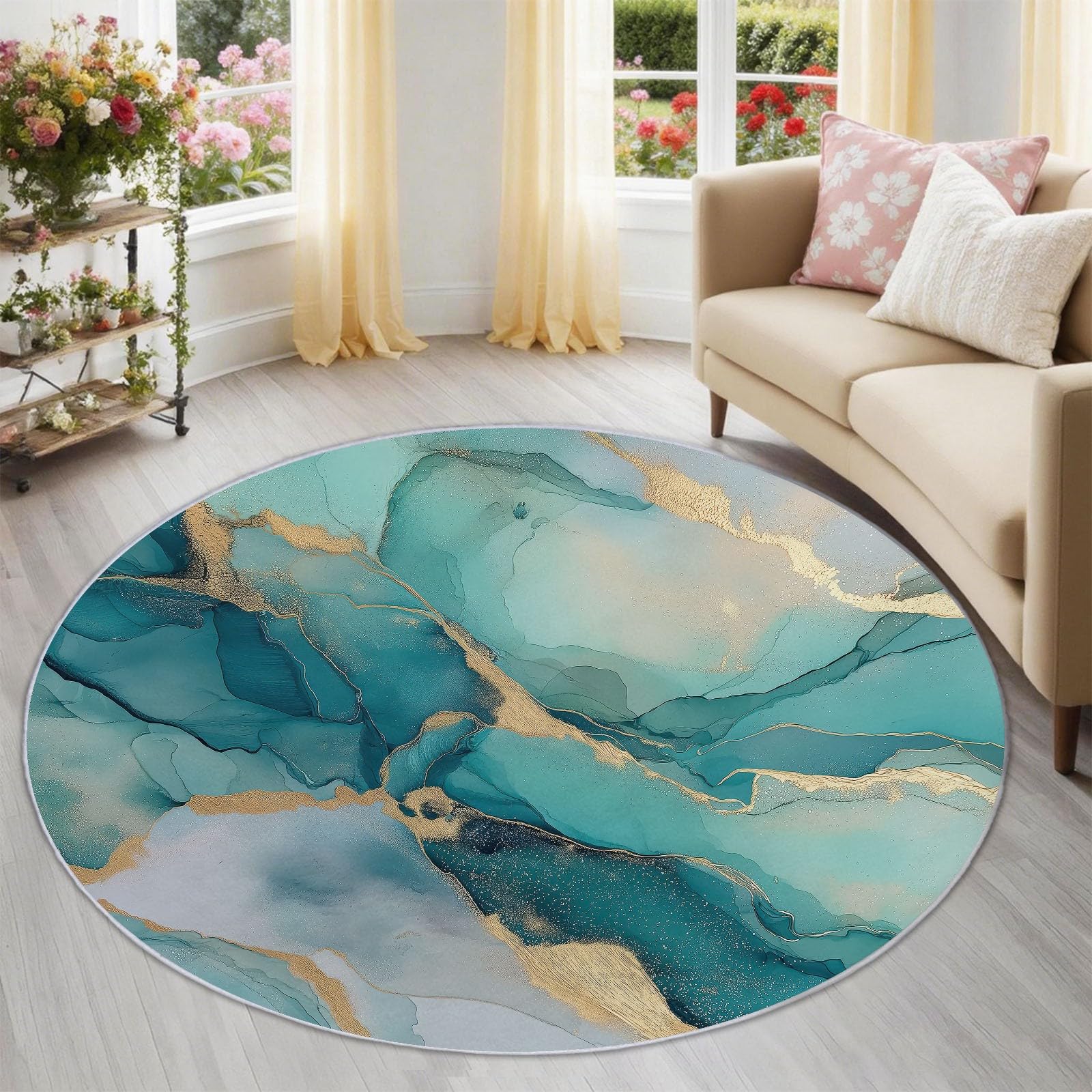 Tappeto rotondo da 120 cm, moderno, antiscivolo, lavabile, per camera da letto, tavolino da caffè, stile eterico, elegante, turchese, con stampa marmorizzata liquida, per soggiorno, cameretta dei