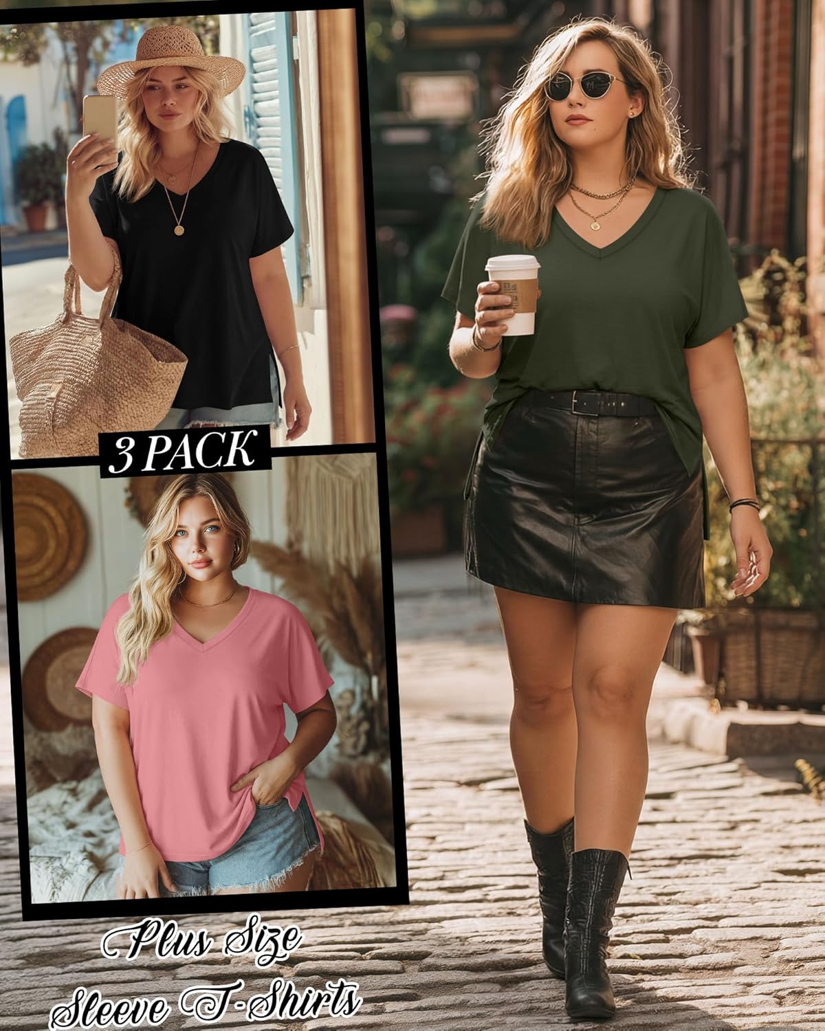 Ficerd 3 Pack Plus Size V Neck T-Shirts for Women, Short Sleeve Split Side High Low Hem Tunics Tops Basic Summer Tee Blouses - Image 5