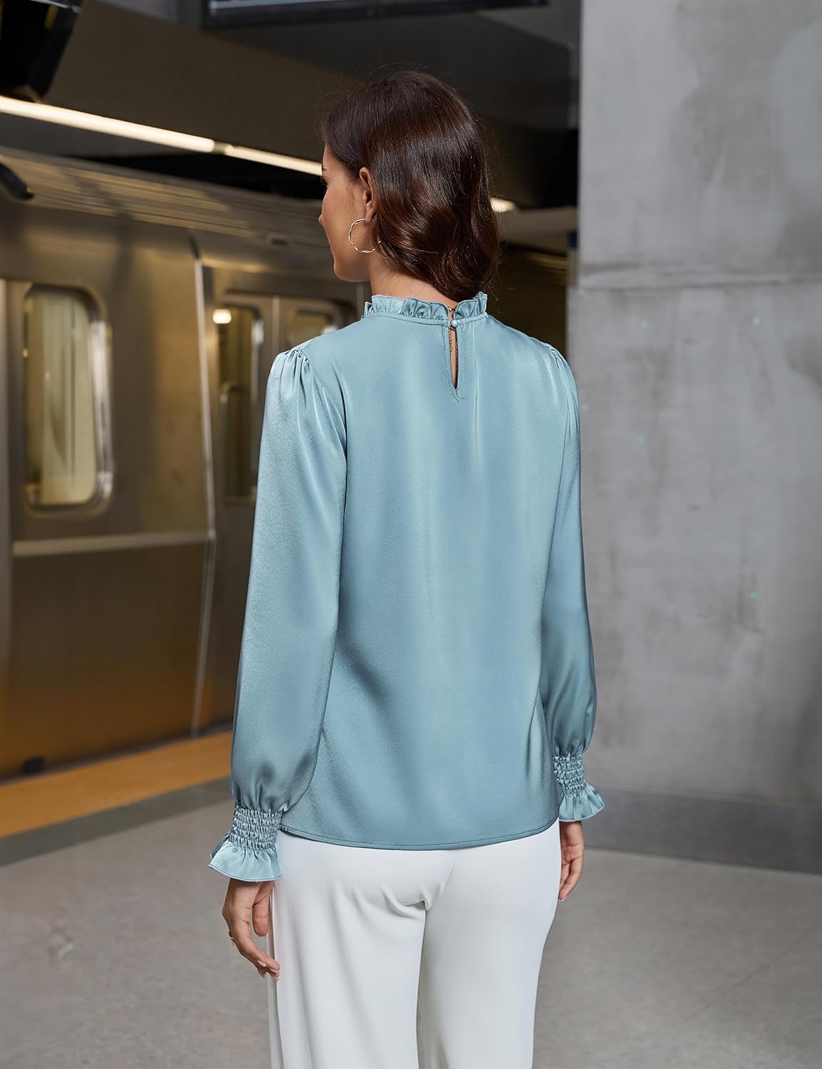 Blooming Jelly Womens Dressy Casual Blouses Pleated Satin Silk Business Tops Mock Neck Long Sleeve Shirts - Image 3