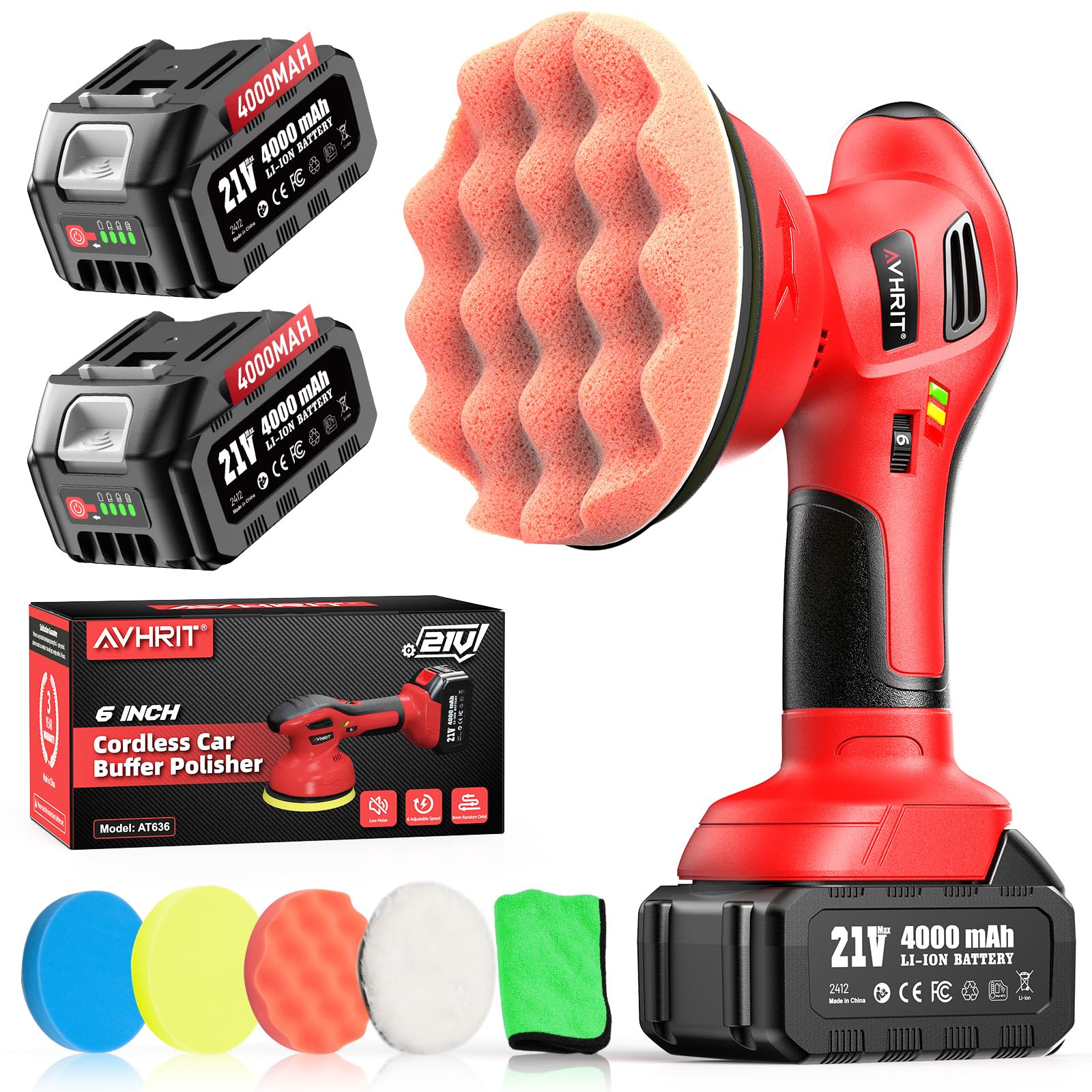 Avhrit 6 Inch Cordless Car Buffer Polisher [2x 4000mAh Batteries]