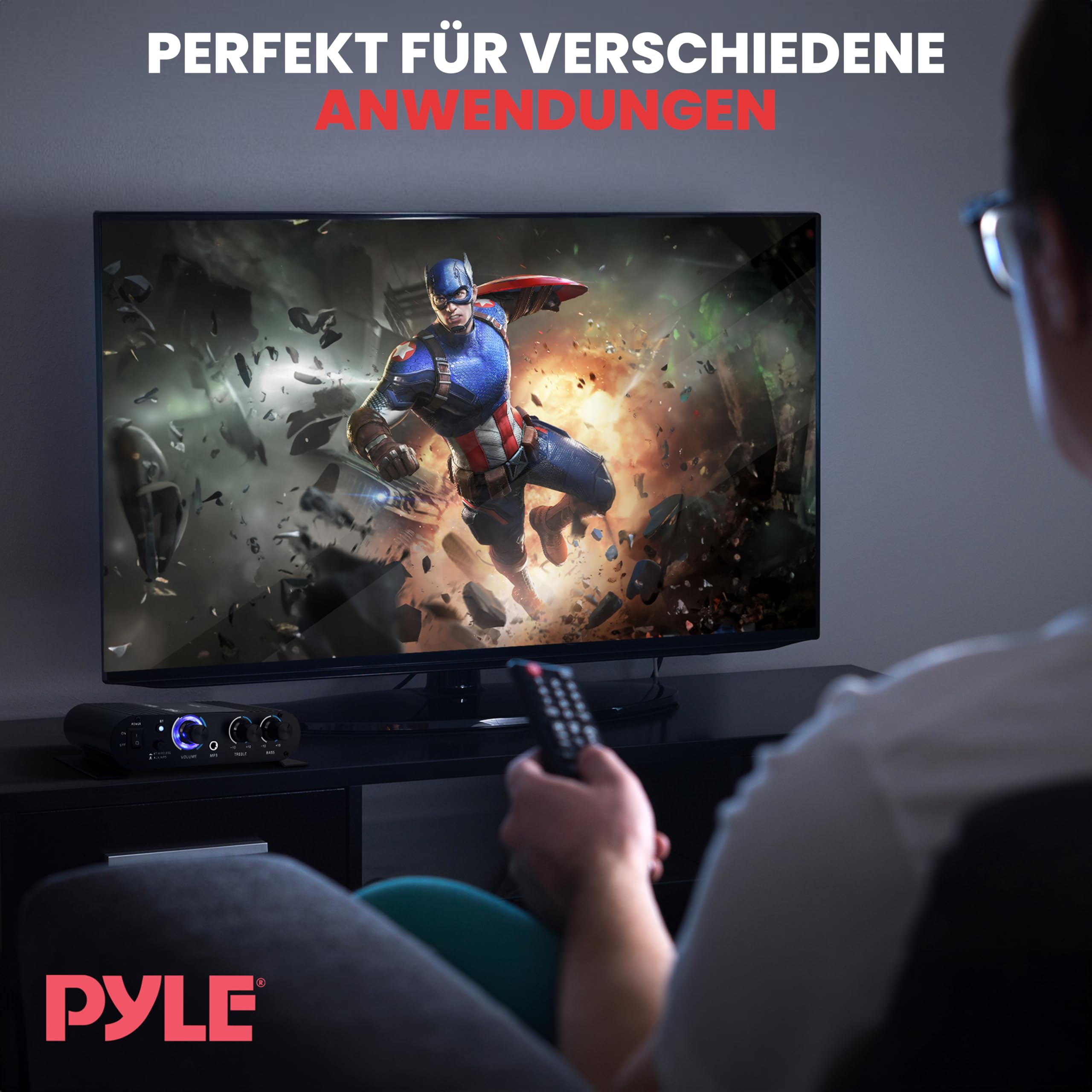 Pyle Mini Bluetooth Stereo Verstärker, 90W Audio Receiver mit 3 Eingänge, 2 Kanal, EQ Controls für das Heimkino