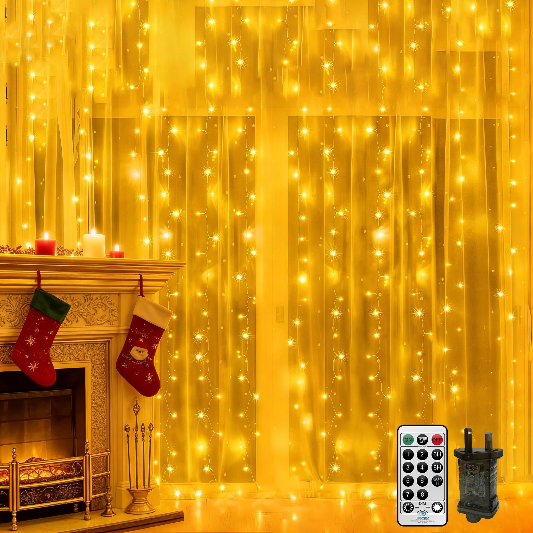 2MX2M Curtain Lights Mains Powered,Backdrop Window Curtain Fairy Light Plug in,Hanging Waterfall Lights for Room,Linkable,204 LED,Remote,Timer,Waterproof for Wall Gazebo Xmas(Warm White)