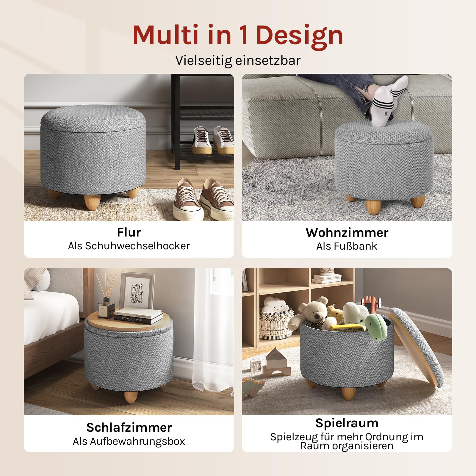 WOLTU Hocker mit Stauraum, Sitzhocker Gepolstert rund, Couchtisch mit Massivholzbeine, Fußhocker mit Deckel, Leinenbezug, Ø39x33 cm, Hellgrau