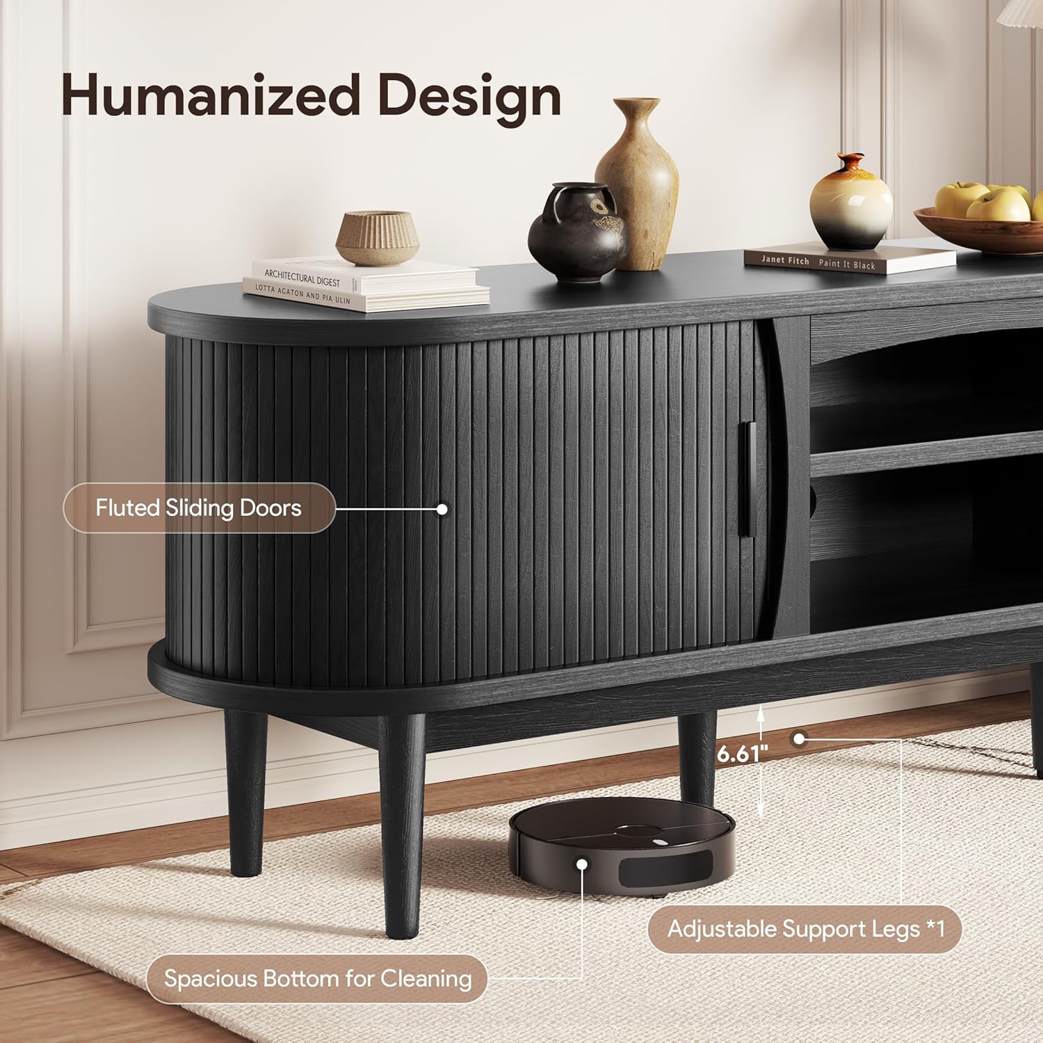 Decofy Mid Century TV Stand for TVs up to 80 Inches, Entertainment Center with Storage, Power Outlet, Fluted Sliding Doors & Adjustable Shelves, Modern Media TV Console Table for Living Room (Black)