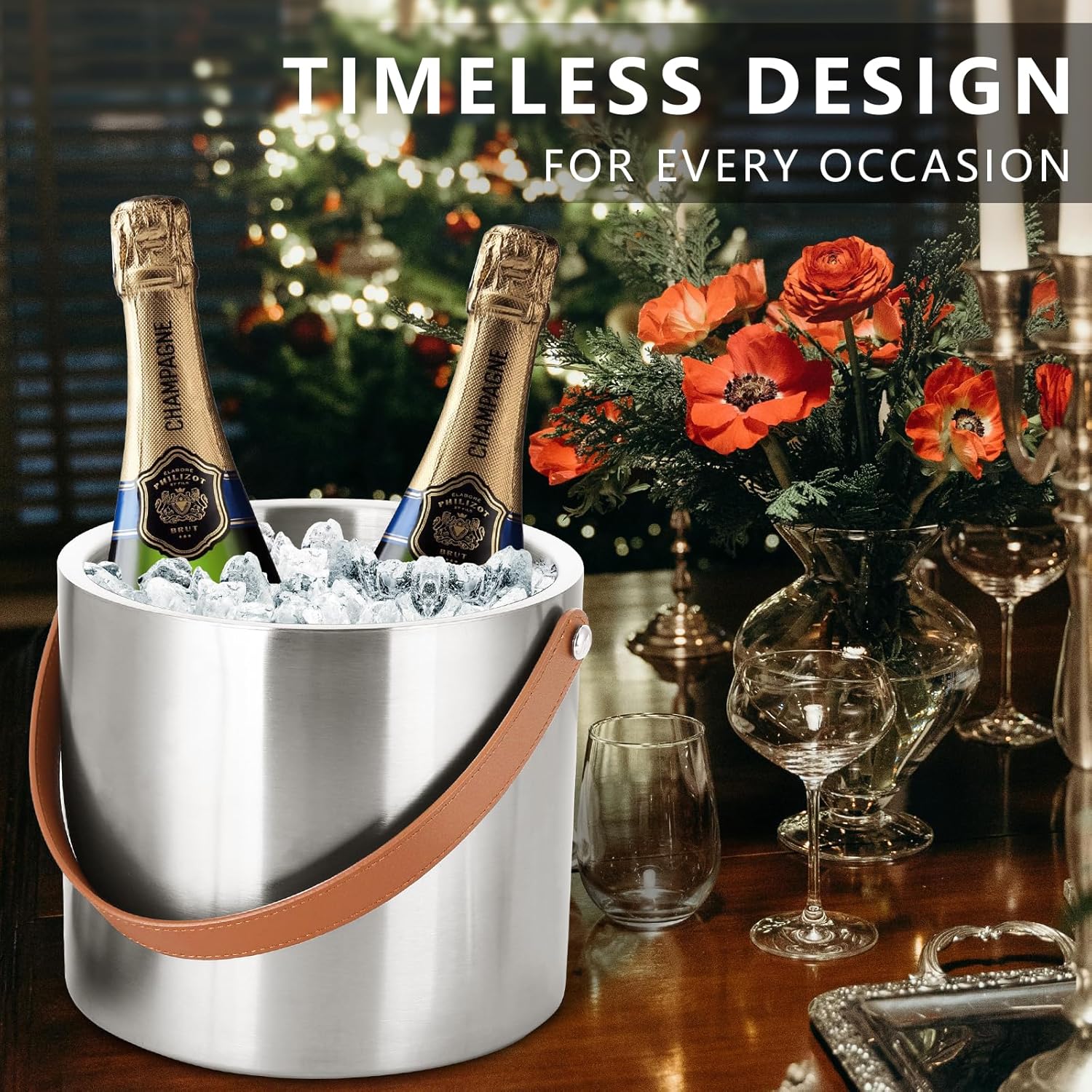 4L Ice Bucket with Lid, Scoop,Tongs & Strainer, Stainless Steel Double Wall Insulated Ice Buckets for Parties & Cocktail Bar, Large Outdoor Champagne Ice Container, Light Brown Handle - Image 6