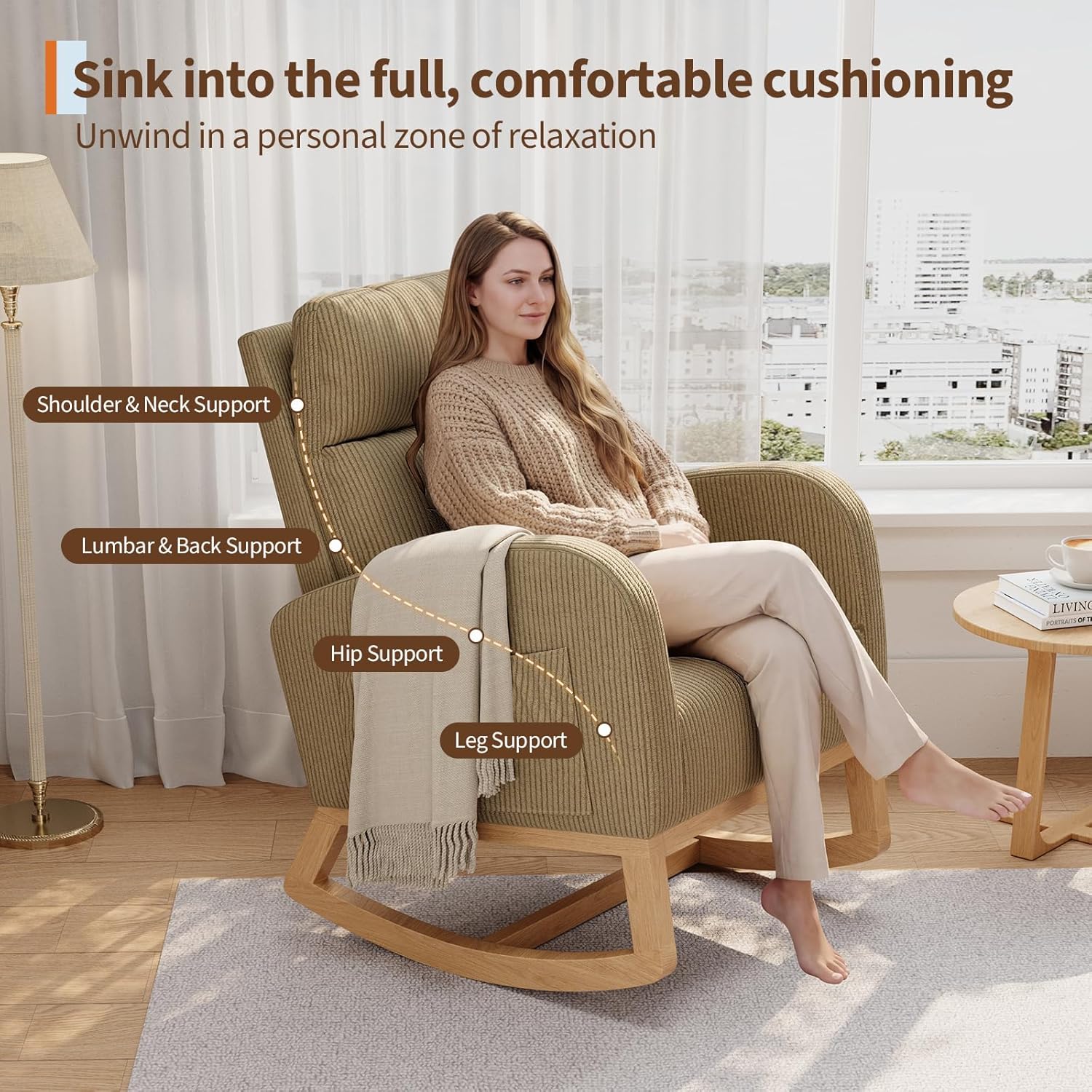 GarveeHome Corduroy Rocking Chair, Modern Nursery Glider Chair with Side Pockets and Pillow, Rocker Chair for Living Room Bedroom Nursing Room, Brown