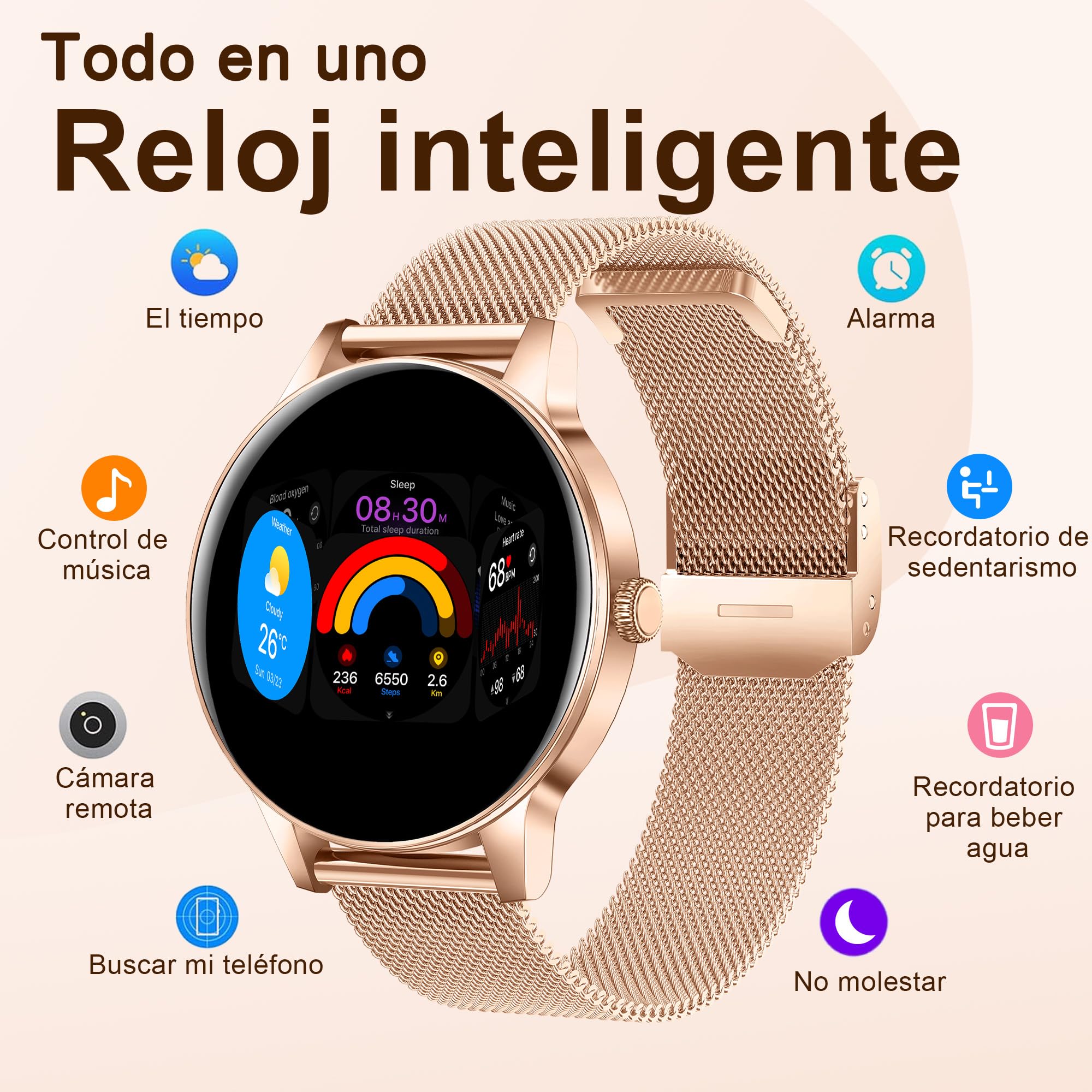 Reloj Inteligente Mujer con Llamadas Bluetooth, 1.27" HD Redonda | Reloj Salud para Android iOS, Monitor Sueño, Podómetro, Pulsómetro, 110+ Deportes, IP68 Impermeable,Oro Rosa