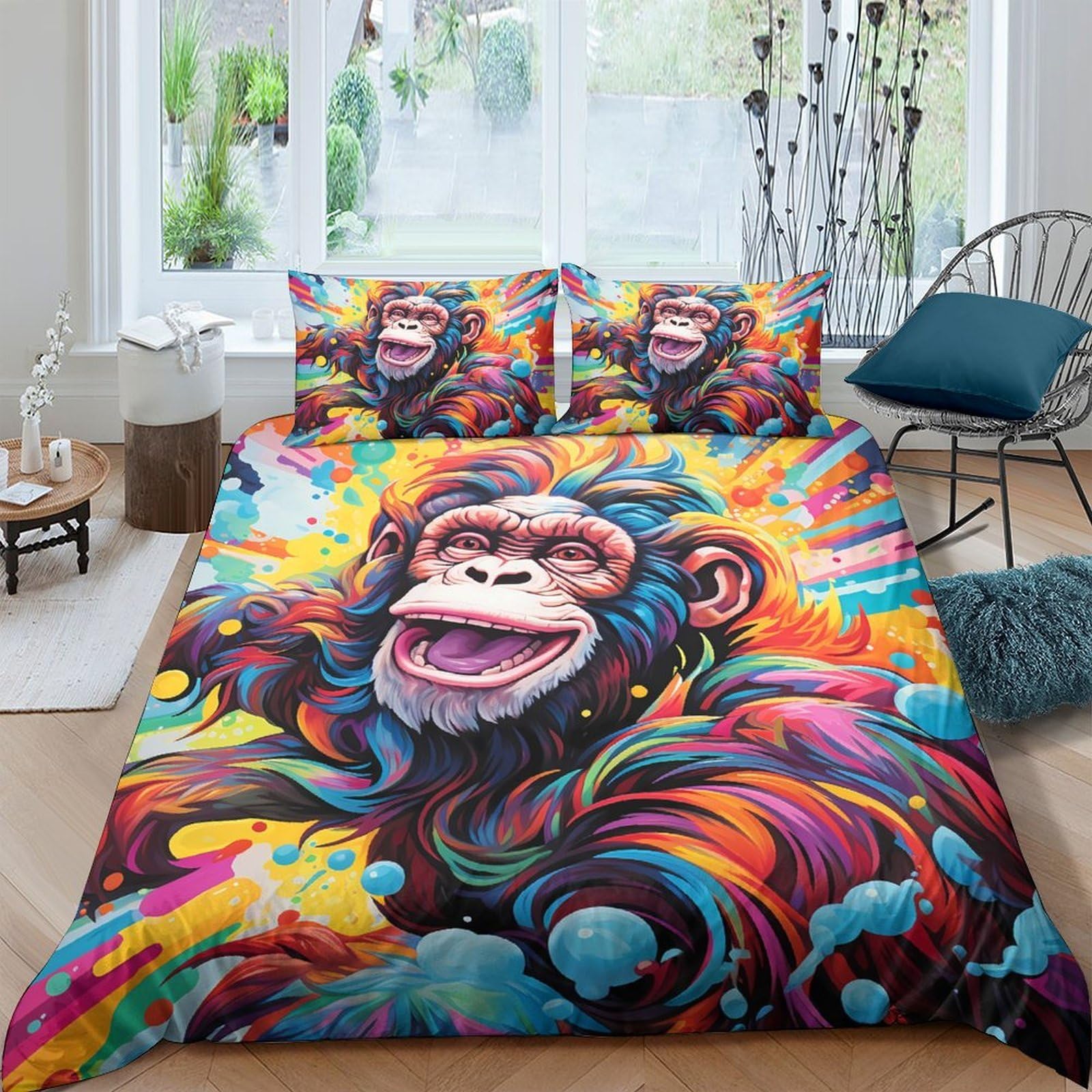 GPLZQXKJNH 3D Printed Colourful Monkey Duvet Cover Set Microfiber Soft Breathable Graffiti Bedding Set with 2 Pillowcases for Bedroom Decor Single（135x200cm）