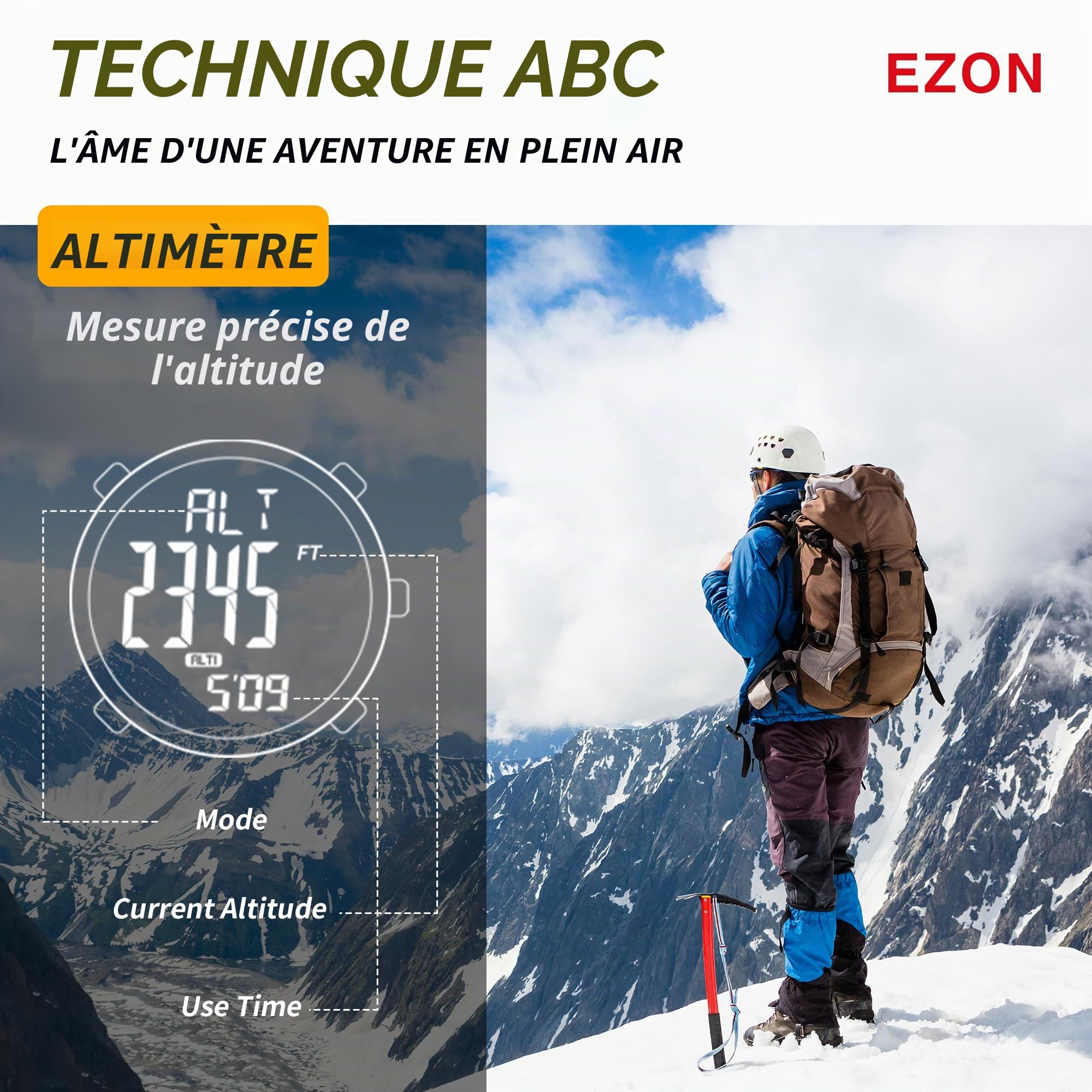 EZON H001 Montre de sport étanche pour homme avec boussole, thermomètre, baromètre, altimètre, noir