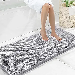 Smiry Luxury Chenille Bathroom Rugs 47x20, Extra Soft and Absorbent Shaggy Bath Mat, Machine Washable, Non-Slip Plush Carpet Runner for Tub, Shower, and Floor, Home Decor Accessories, Light Grey