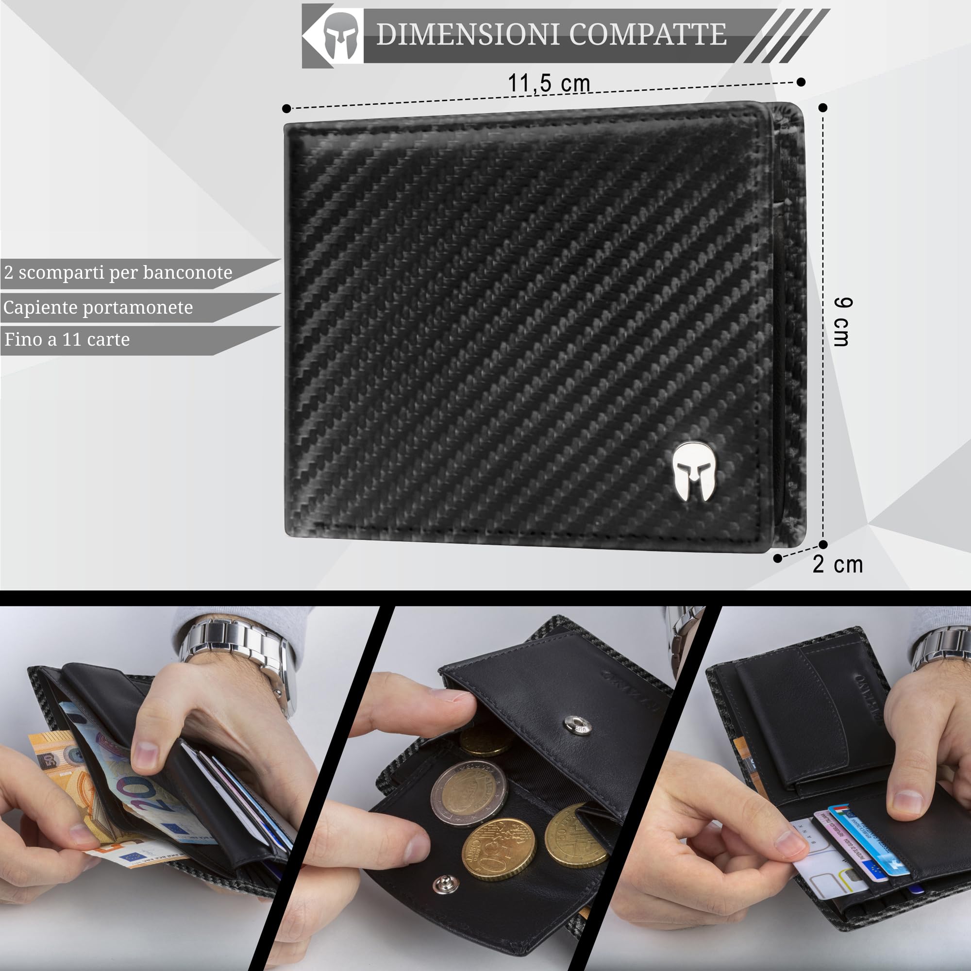 SPARTANO Portafoglio Uomo con Protezione RFID, 11 Slot per Carte Credito, 1 Tasca Portamonete, 2 Scomparti Banconote, 3 Tasche interne - ZEUS (Carbonio)