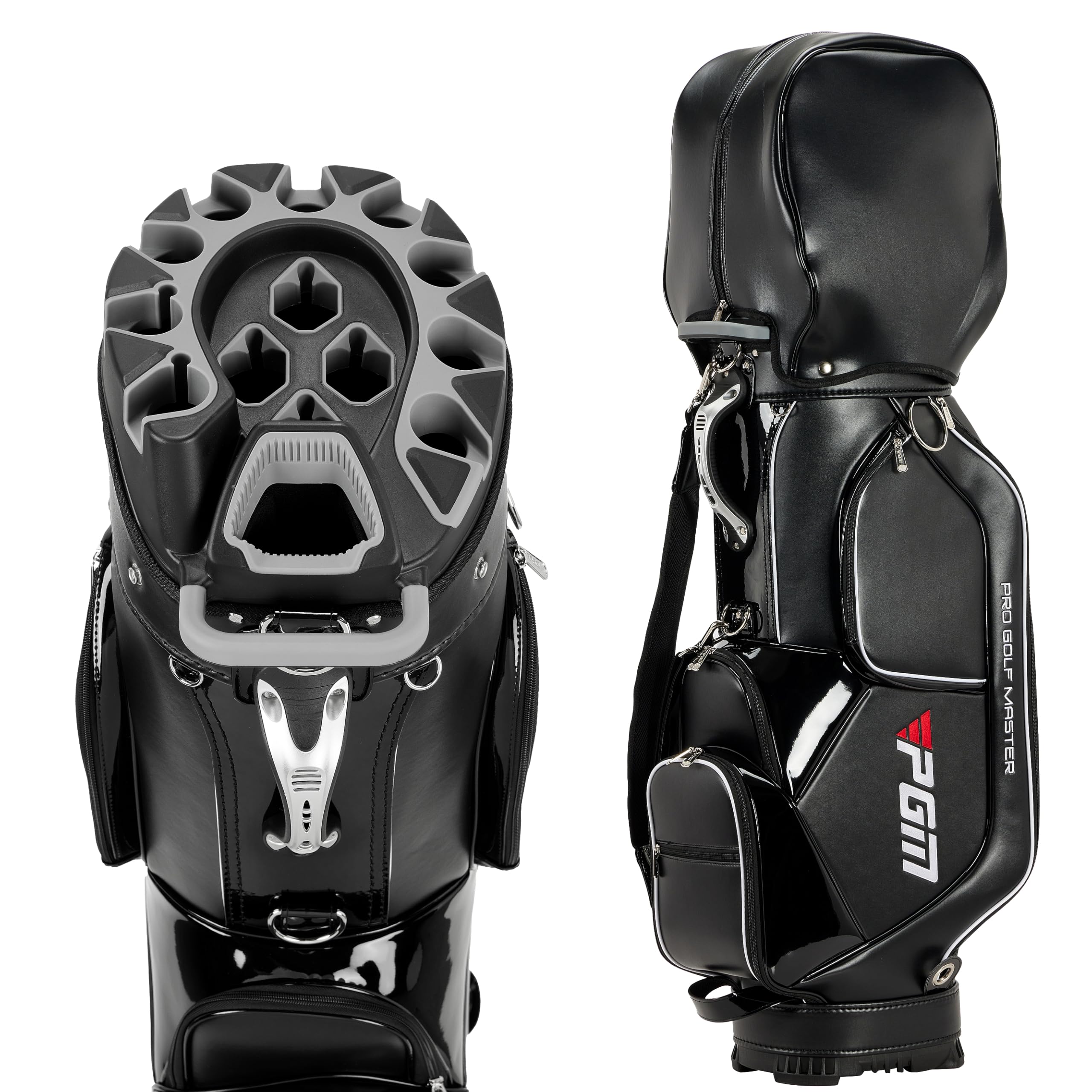 PGM Golf Cart Bag with 14 Way Organizer Divider Top, Premium Cart Bag with Handles and Rain Cover for Men/Black PU Leather