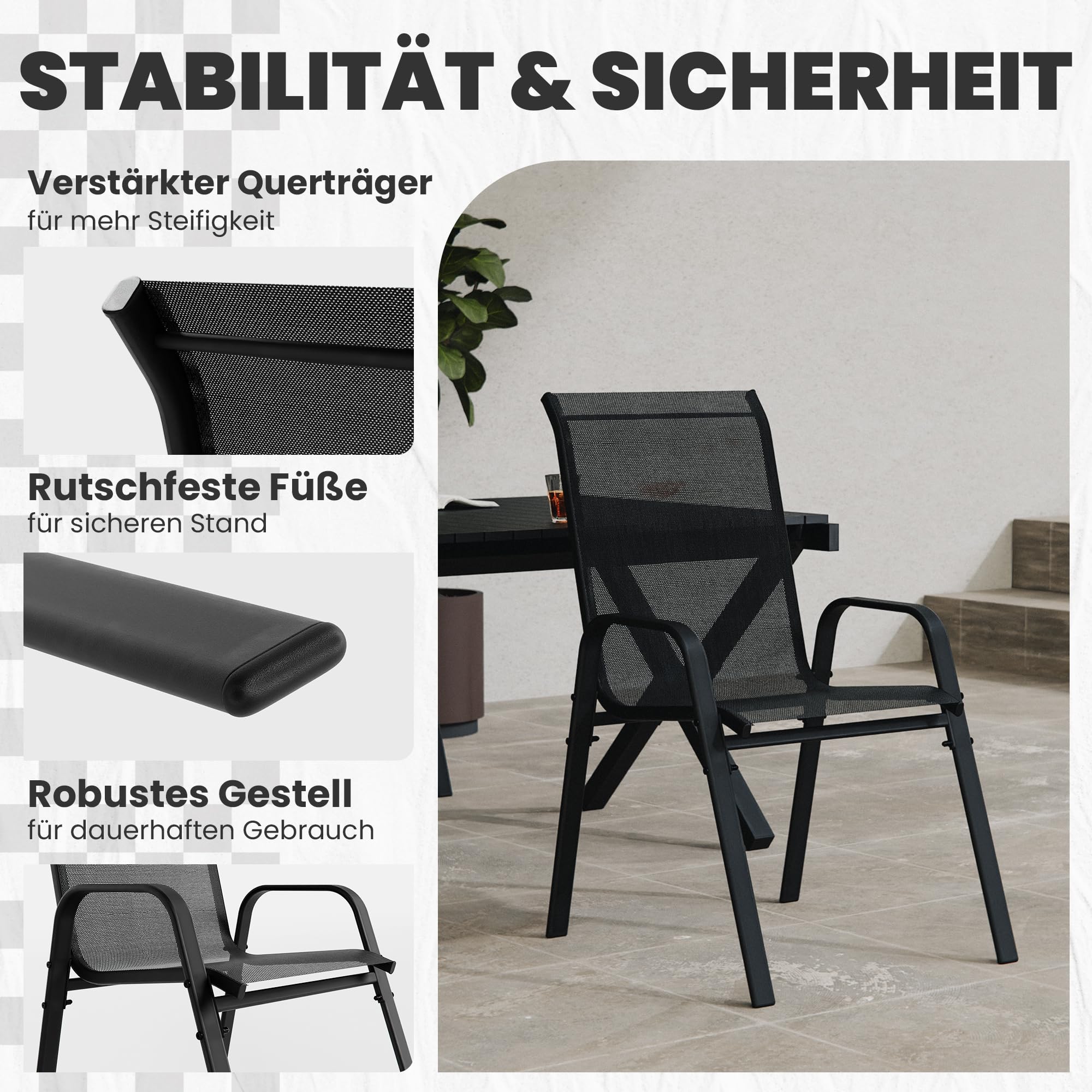 ALAULM Hochlehner Gartenstühle 4er Set Stapelbar, Wetterfeste Terrassenstühle mit Armlehnen, Atmungsaktives Textilene & Stahlgestell für Garten, Balkon, Terrasse, Poolbereich (Schwarz)
