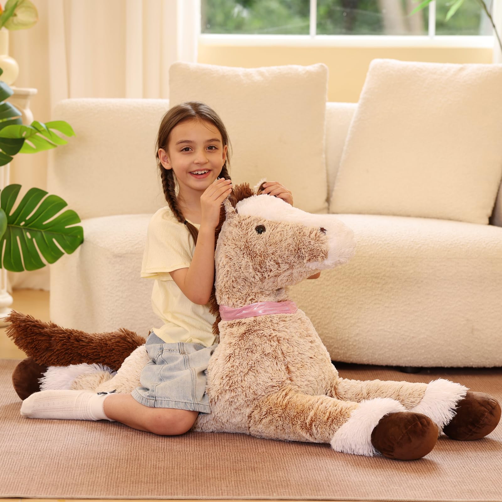 47 Inch Giant Horse Stuffed Animal, Hugging 4ft Giant Soft Brown Horse Plush Body Pillow, Realistic Large Stuffed Pony Plush Toy Gift for Girls Boys 7