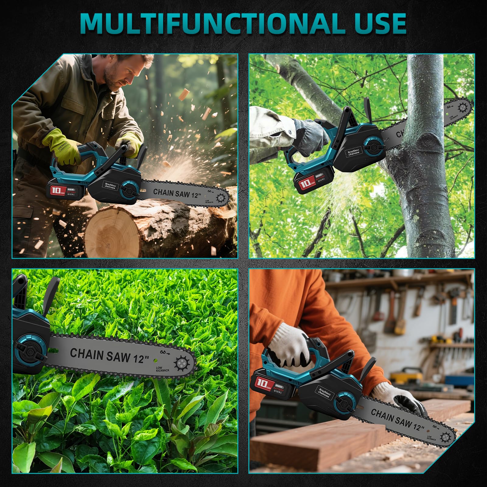 WingFly Motosierra Eléctrica 12 pulgadas con Batería de 6000 mAh, 1200 W | Brushless Motosierra de Mano, Engrasador automático, Sierra de podar eléctrica para cortar madera, árboles, Jardinería