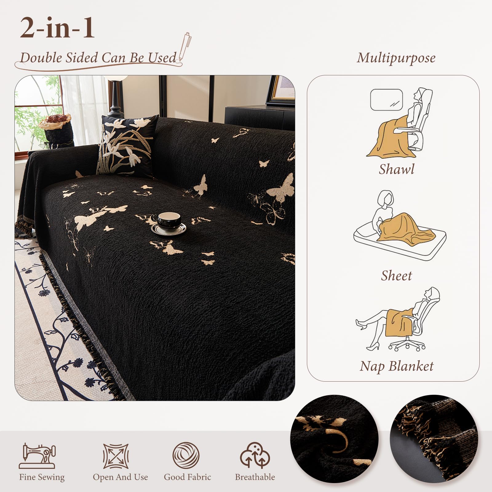 Jarapas para Sofas Suave Confort Manta Sofá Manta Decorativa Sofá Dormitorio Salón Cuatro Estaciones Tejido Borla Tela Cubre Sofa Colcha Multiusos para Sofá 180 * 260cm-Negro