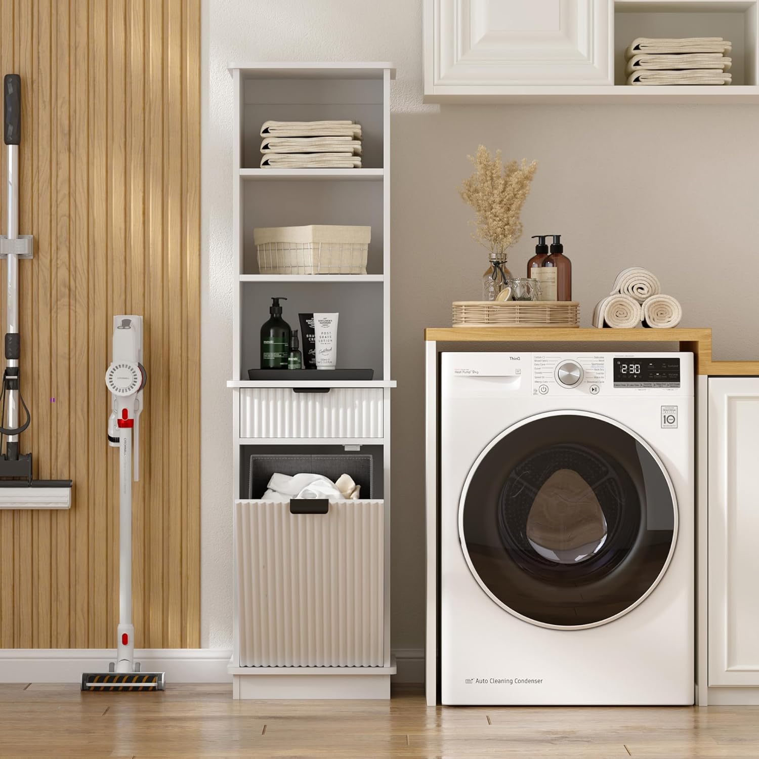 White Tilt Out Laundry Hamper Tall Bathroom Storage Cabinet Hidden Laundry Hamper Cabinet with Drawers and Baskets for Bathroom Hamper with Storage for Bedroom,16x16x59in
