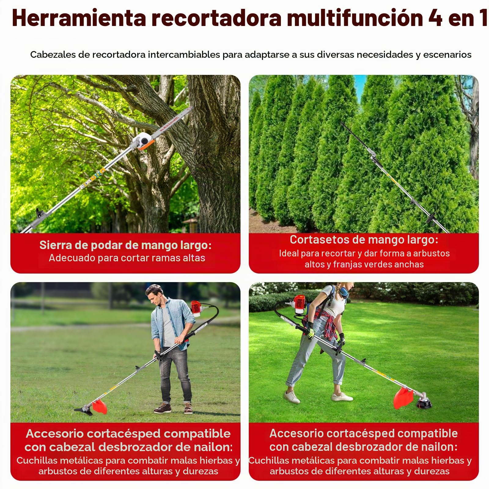Desbrozadora de gasolina 4 en 1 – Potencia: 1,7 kW – 2 tiempos – Longitud de corte: 40 cm – 8500 rpm – Capacidad del depósito: 1 l – Para agricultura y lucha contra incendios forestales