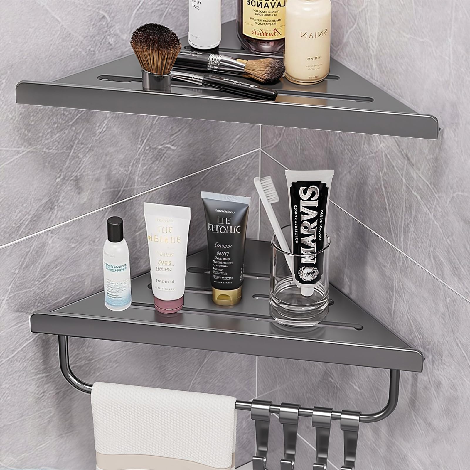 JAMESVAN 2 Pack Shower Corner Shelf Bathroom Shower Organizer Corner Shower Caddies with 4 Hooks Rust Proof Corner