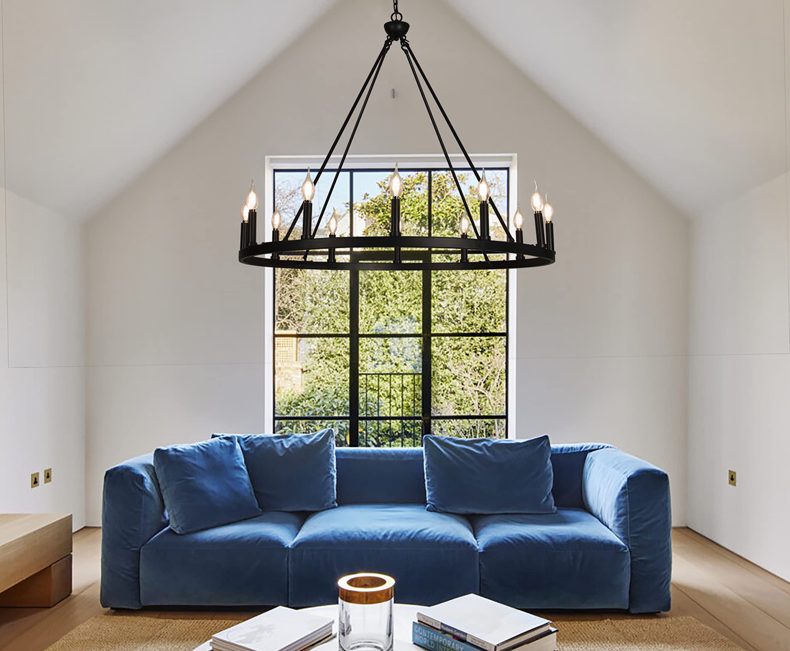 Psyverii 12-Light Candle Style Black Wagon Wheel Chandelier, Retro Farmhouse Country Style Industrial Large Round Pendant Light Fixture for Living Room, Dining Room, Foyer, Entryway