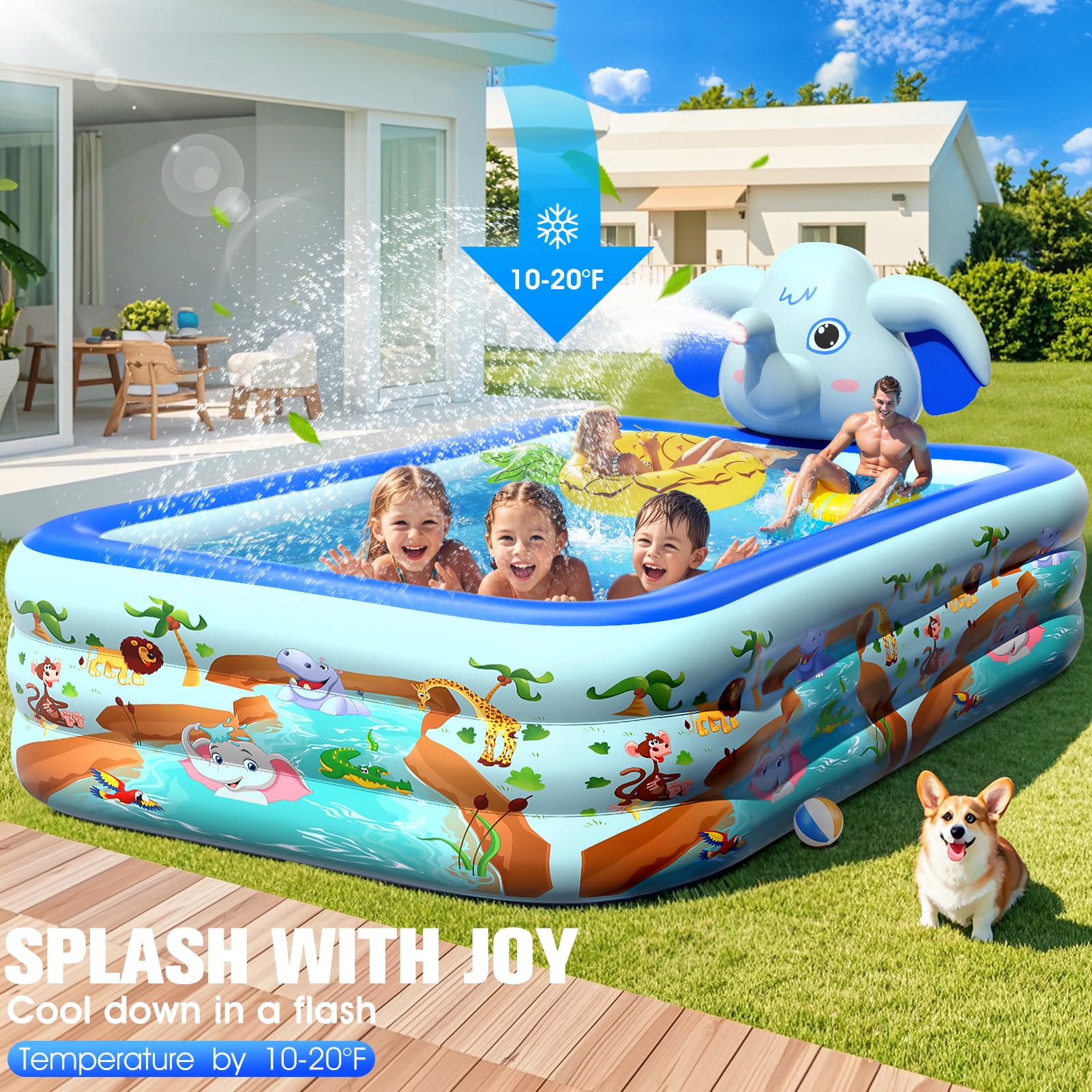 LanBlu Planschbecken Rechteckig mit Sprinkler, Elefant Aufblasbarer Pool Erwachsene, 0.6mm Verdicktes Family Pool, XXL 252×183×56CM