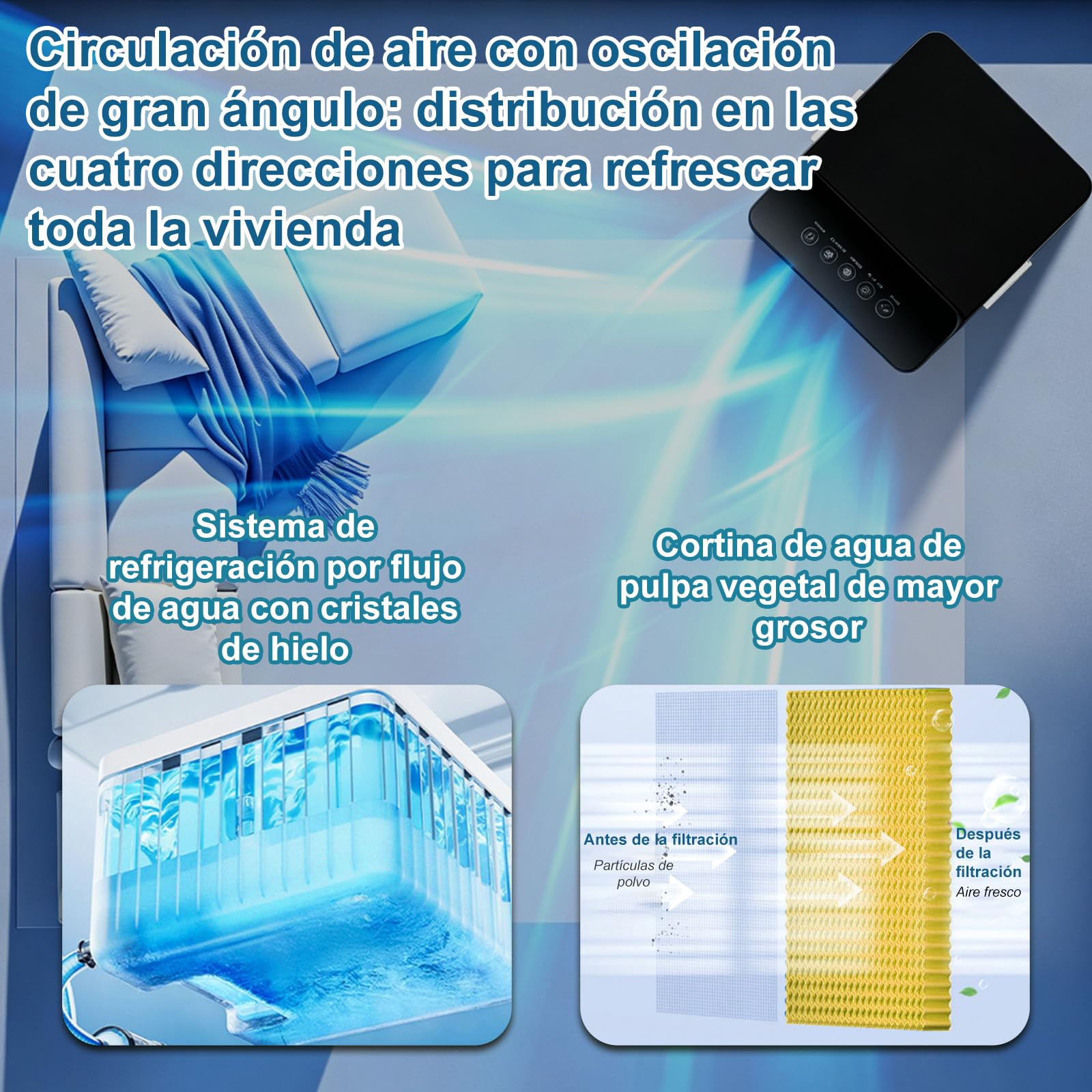 Aire Acondicionado Móvil Mecánico, 75W Bajo Consumo, 3 Velocidades | Climatizador Evaporativo Portátil de 10L con Cristales de Hielo,Oscilación de Gran Ángulo, Ruedas para Hogar Oficina