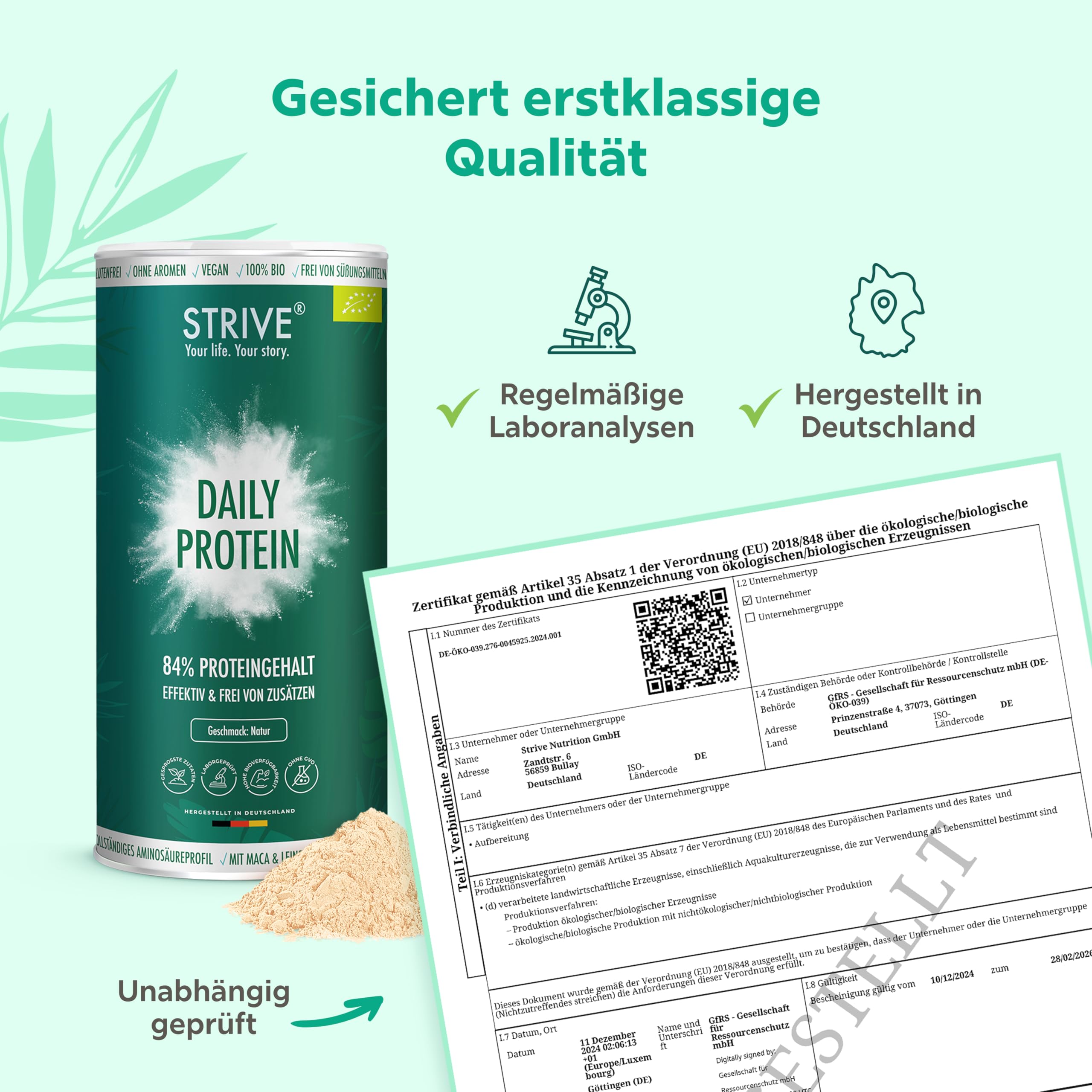 DAILY PROTEIN 100% BIO Vegan | Natur | Effektiv & Frei von Zusätzen | 84% Proteingehalt mit optimalem Aminosäureprofil | 1000g pflanzliches Bio Eiweiß Pulver aus Erbse Soja Reis Hanf, DE-ÖKO-039