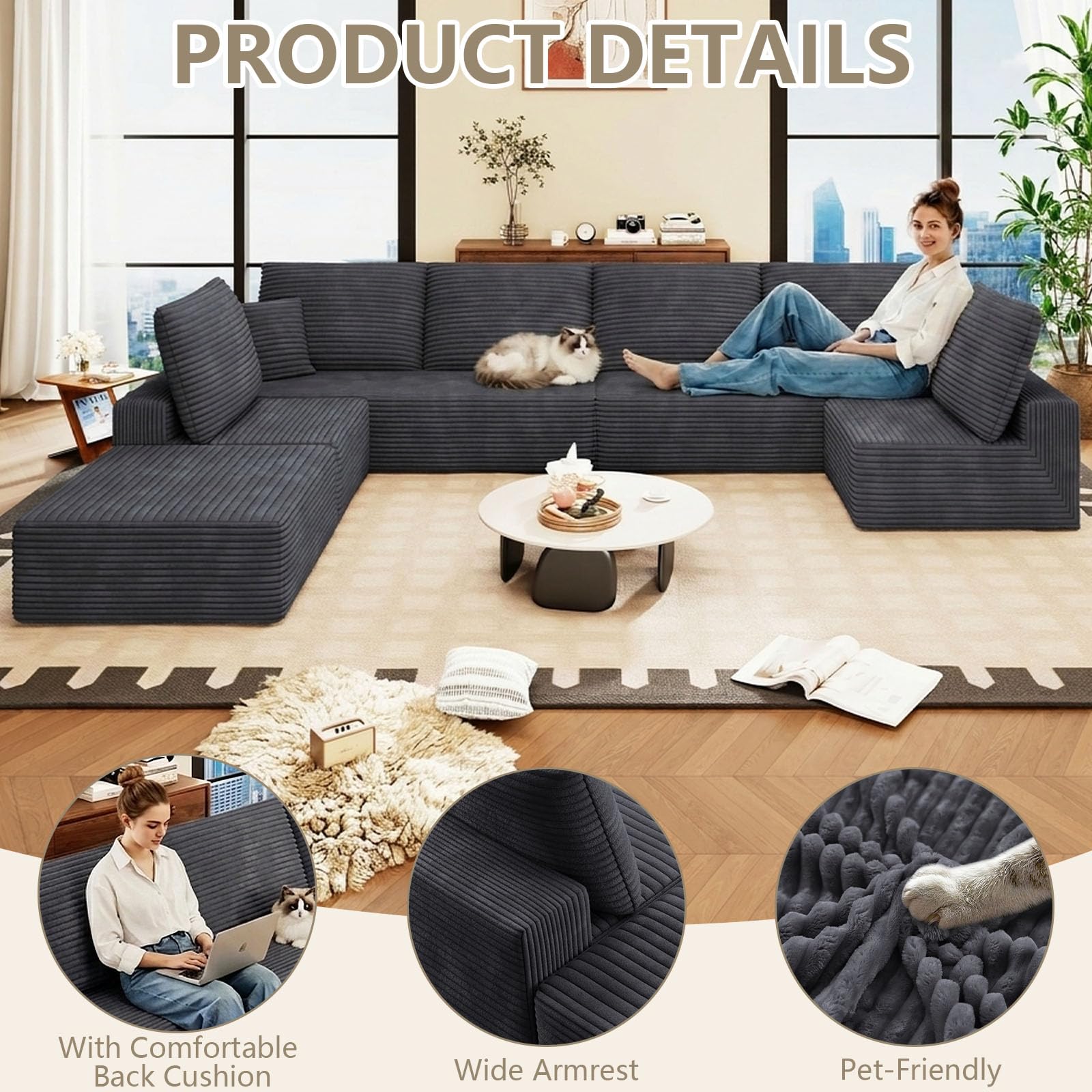 140.2 Cloud Sectional Couches for Living Room, Oversized Sectional Sofa with Ottoman, Modern Upholstered Deep Seat 7 Seater Large Boneless Couches for Apartment, Studio, Office, Dark Grey