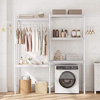 30" Washer Dryer Storage Shelf - Adjustable Height Laundry Organizer with 5-Tier Double-Layer Wood Shelves, Heavy-Duty Over-Unit Rack (100lb/Shelf) for Laundry Room, Bathroom & Balcony, Gray