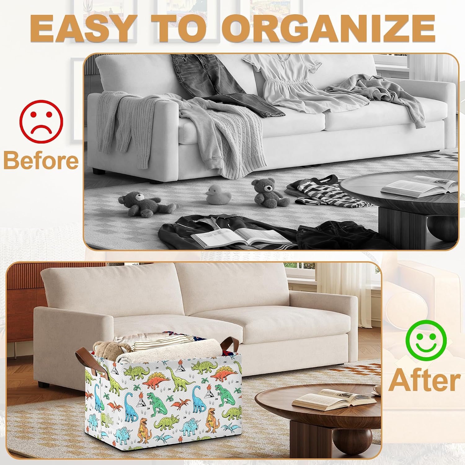 Storage Bins with Handles, Foldable Oxford Fabric Storage Basket, Cute Dino Sturdy Frame Organizer for Closet Shelves Bedroom Laundry Room Toy Storage