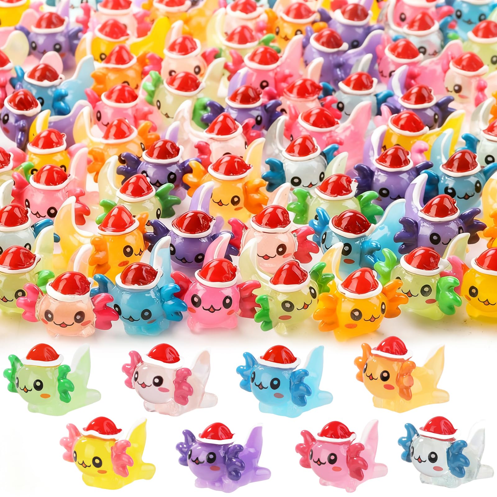 XIMISHOP 50PCS Christmas Mini Resin Axolotls,8 Colors Tiny Little Small Resin Axolotls Xmas Miniature Cute Colorful Mini Plastic Axolotls for Dollhouse Garden Micro Landscape Aquarium Accessories