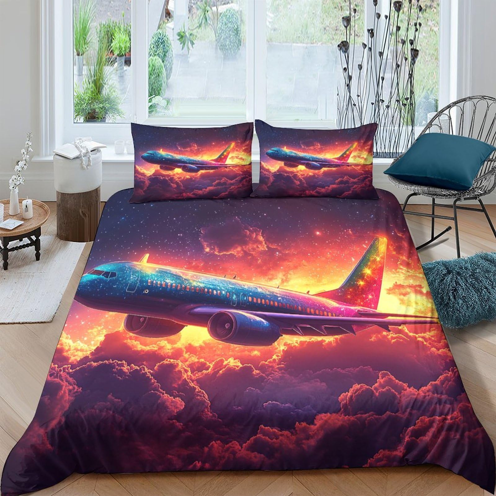 Ctjqhvkz Style-10 3D Printed Sunset Airplane Fitted Sheet Microfiber Soft Mattress Cover For Bedroom Dorm Room Decor Protection Single（135X200cm）