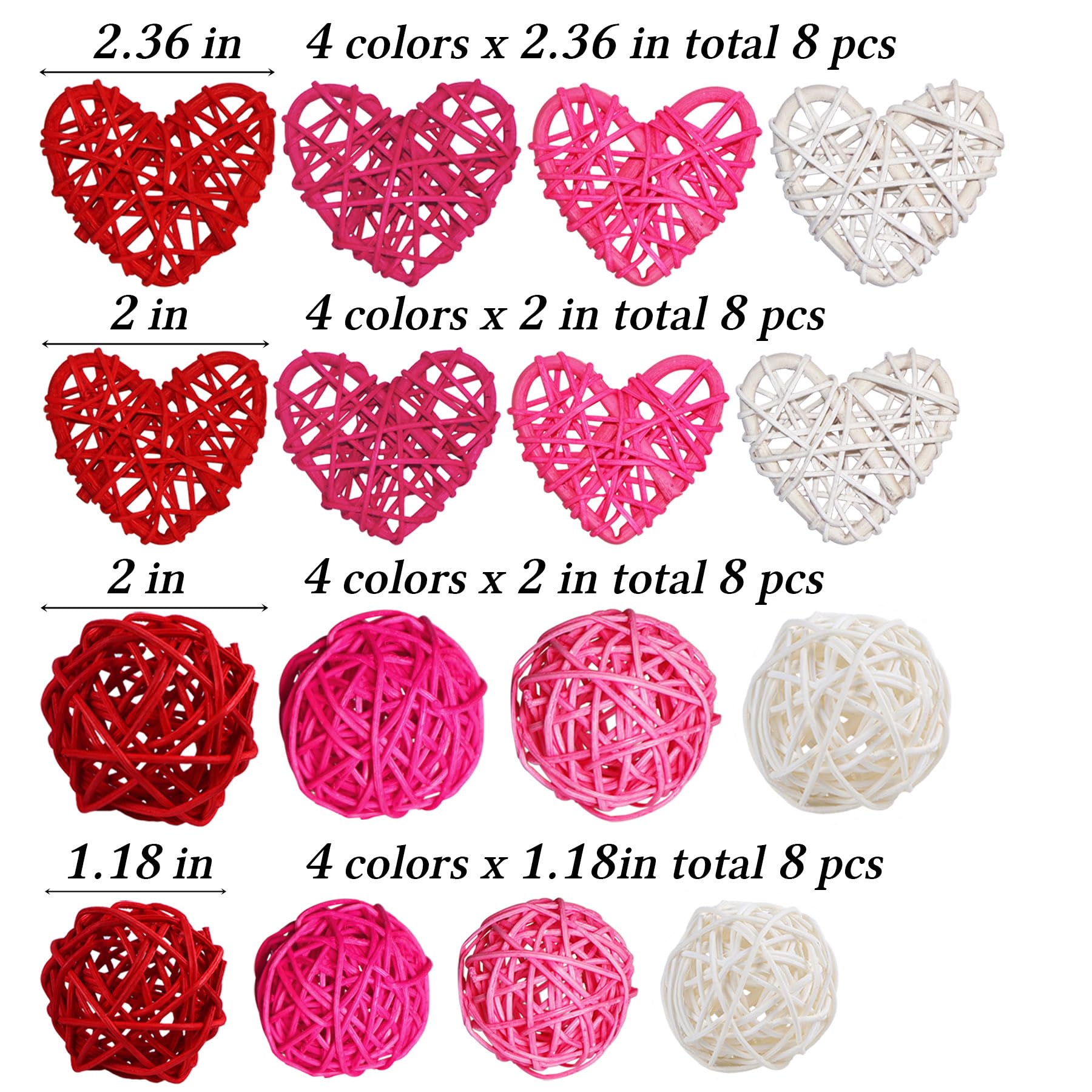 STMK 32 Pcs Valentine’s Day Heart Shaped & Round Rattan Balls Decorative, Multi Sizes Heart Shaped & Round Wicker Balls Decorations for Valentine’s Day Decor DIY Vase Bowl Filler Wedding Decorations
