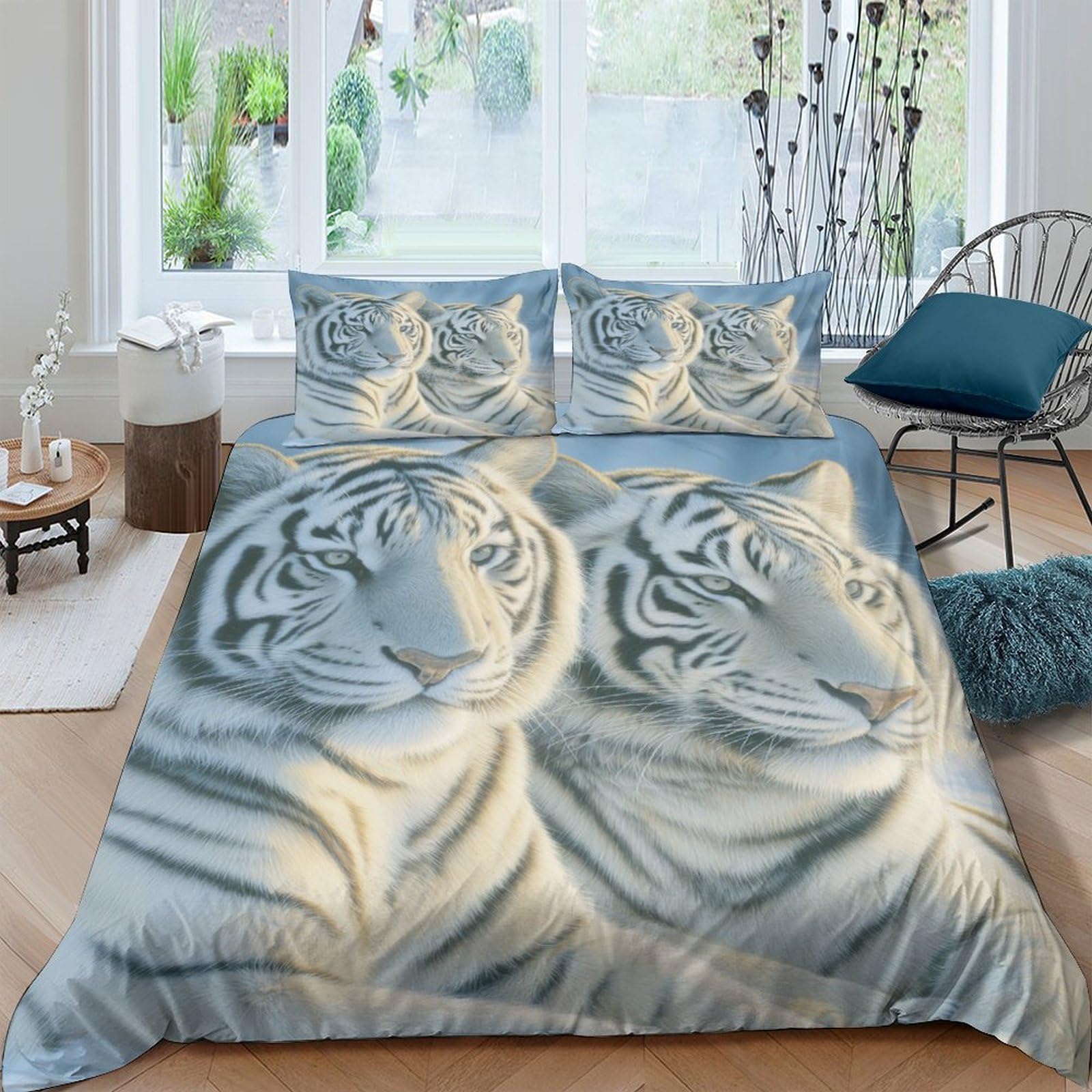 GPLZQXKJNH 3D Printed White Tiger Duvet Cover Set Microfiber Soft Breathable Wild Animal Bedding Set with 2 Pillowcases for Bedroom Decor Single（135x200cm）