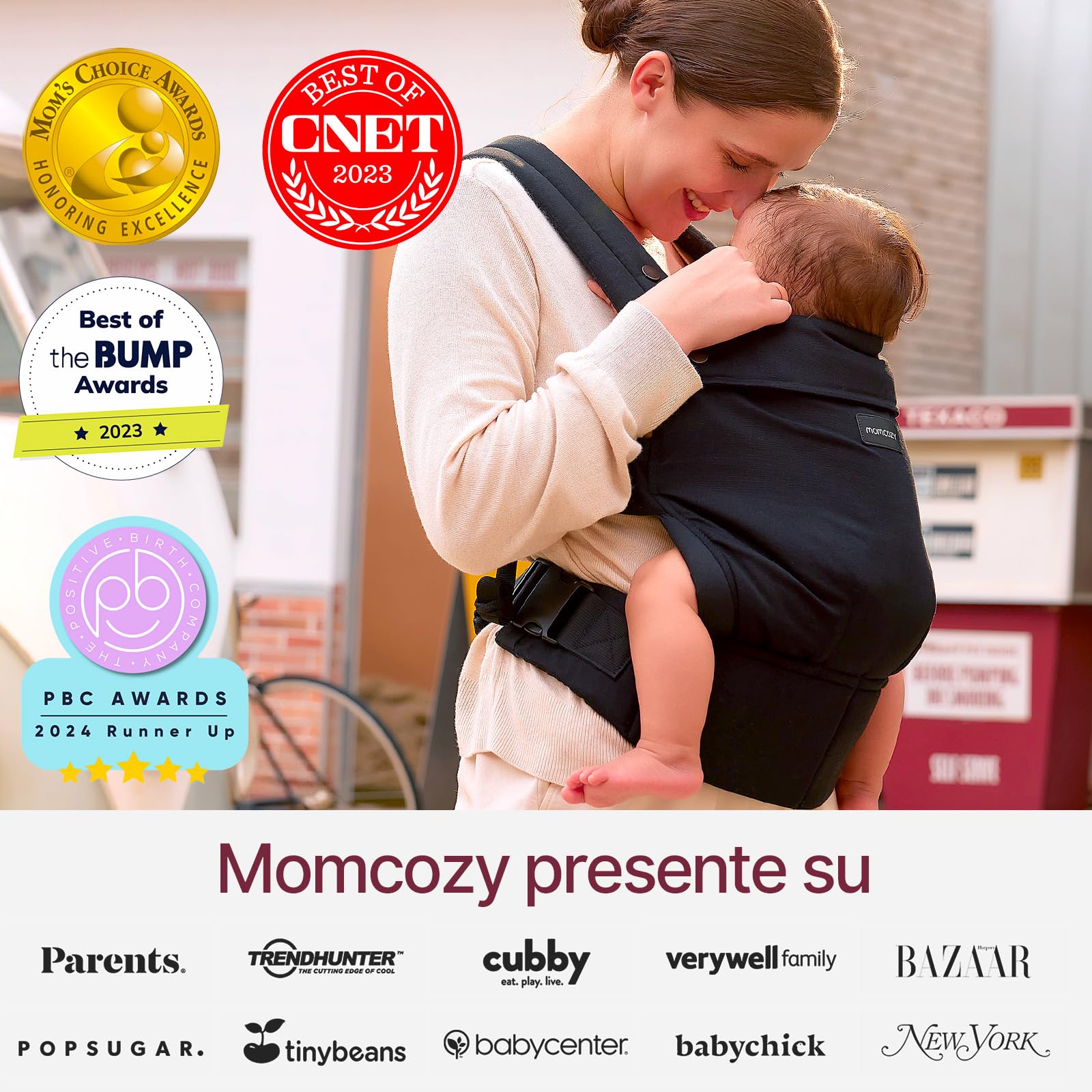Marsupio Momcozy - Ergonomico, confortevole e leggero, per bambini da 3 a 20 kg (3-24 mesi), facile da indossare, ideale per genitori a mani libere, Nero