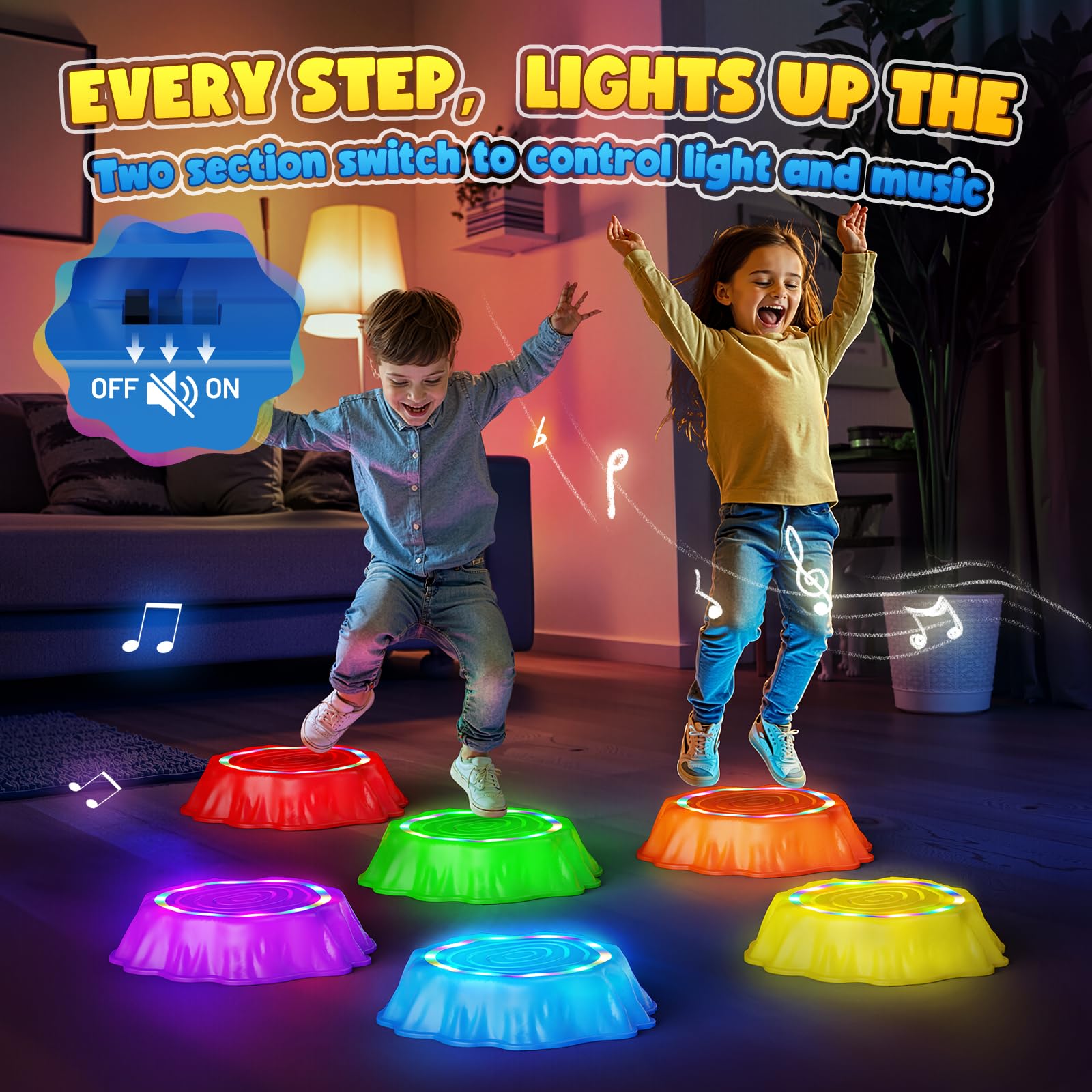 Flooyes Stepping Stones for Kids, 6pcs Light up & Music Non-Slip Stepping Stones, Sensory Toy for Toddler Balance & Coordination Skills, Indoor & Outdoor Toys, Toys for Toddlers Ages 3-5