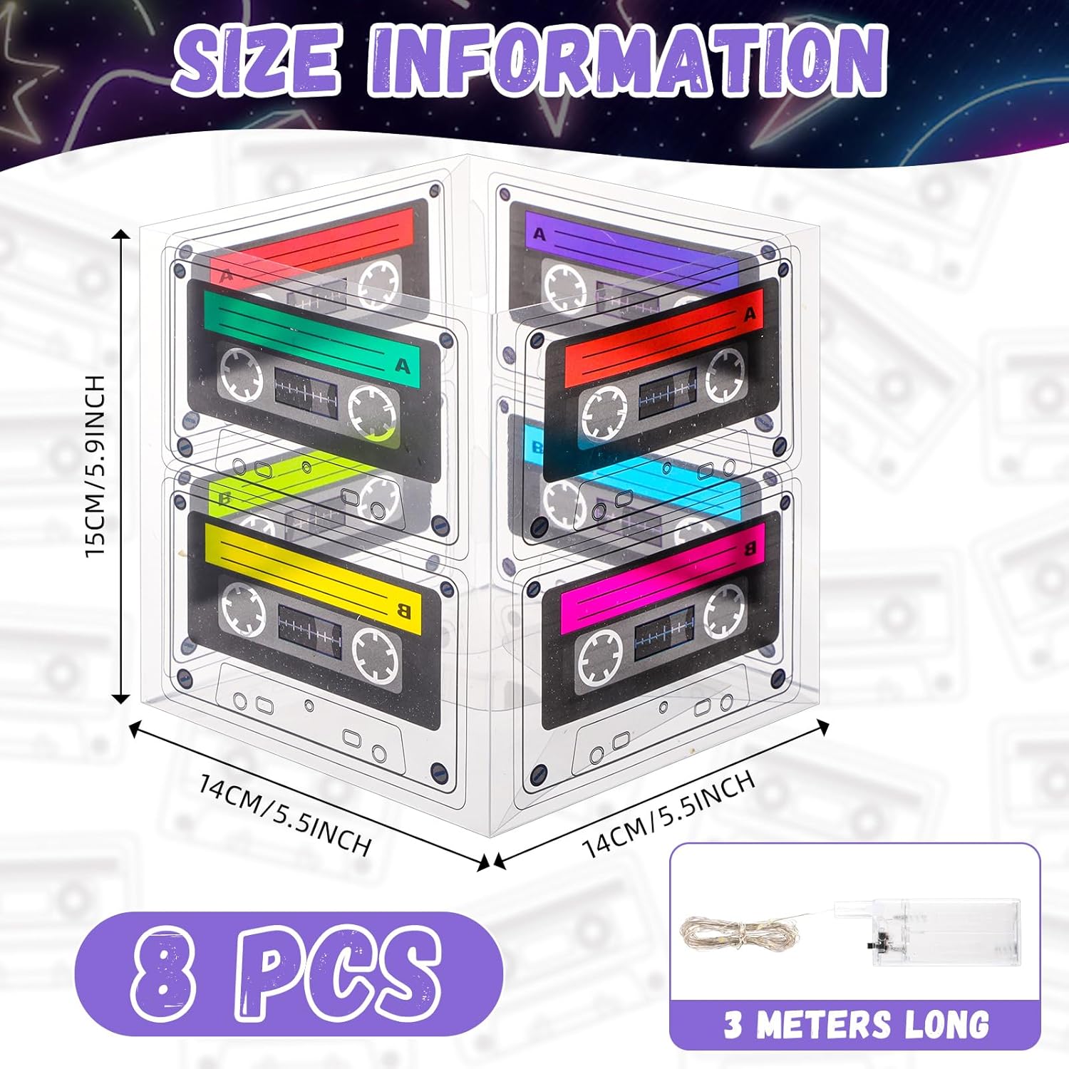 Glooglitter 8 Pack 80s Party Decorations Glowing Cassette Tape Bucket Centerpiece 90's 80s Theme Birthday Party Decoration Cassette Tape Table Decor Retro Hip Hop Pop Music Disco Decorations