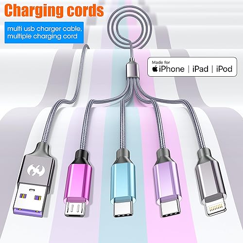 Miniatura 5 de Paquete de 2 cables de carga múltiple de 4 pies, cable de carga 4 en 1 de nailon trenzado, cargador de teléfono universal con tipo C, micro USB,