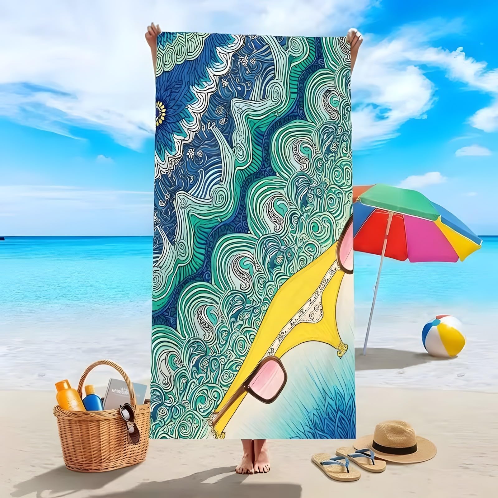 YZQGLHP Aesthetic Microfibre Beach Towel Ocean Beach Bath Towel Quick Drying, Lightweight, Sand-Free, Durable, for Pool, Gym, Camping, Travel Towel 70x130cm
