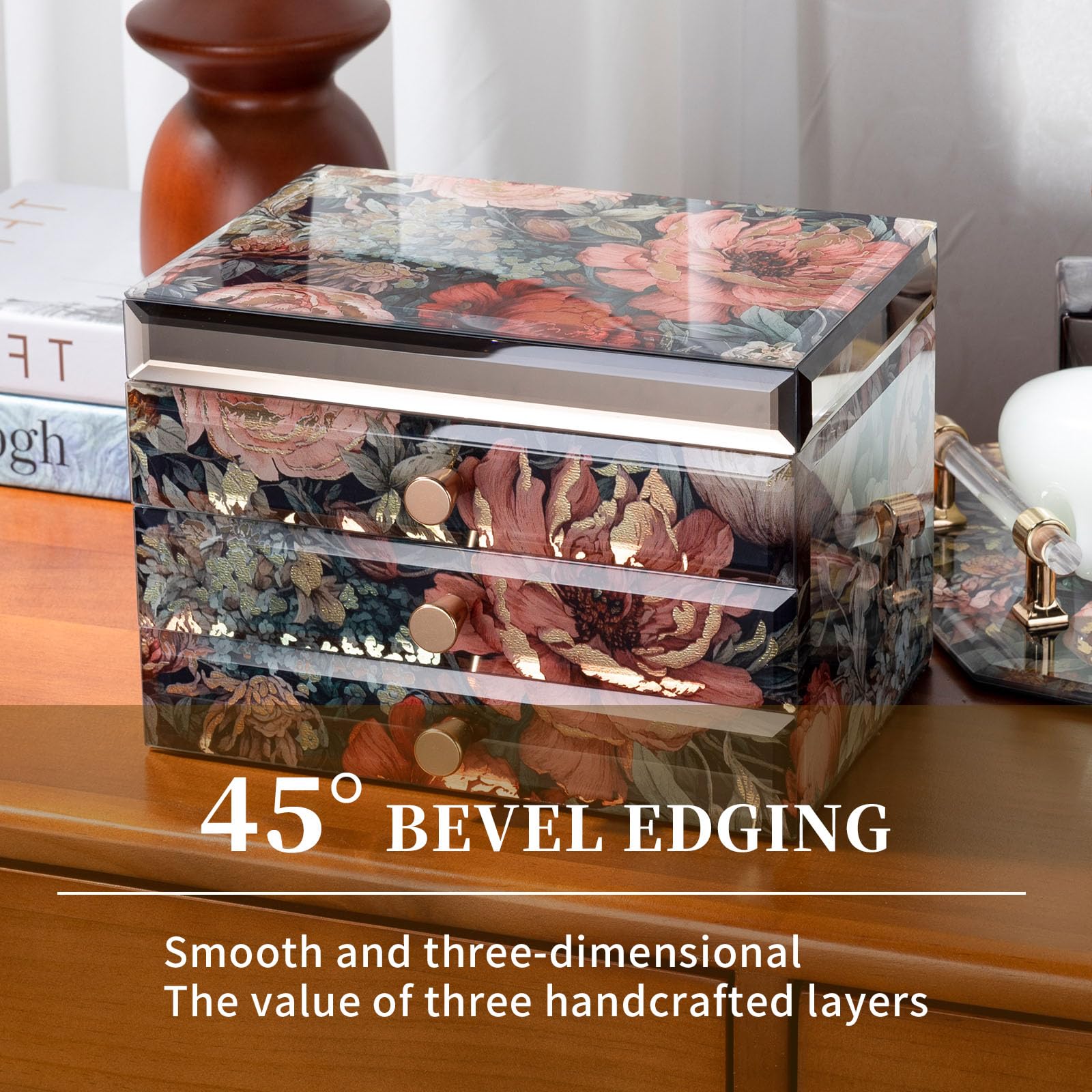 Joyero de cristal con patrón floral, organizador de joyas de 3 niveles para mujeres y niñas, cajas decorativas de regalo de joyería, organizador de mesa para aretes, collar, regalo para