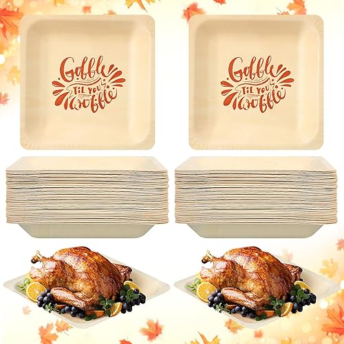 50 platos desechables de madera de Acción de Gracias de 7 x 7 pulgadas, platos desechables de madera con estampado de Gobble Til You Wobble, platos
