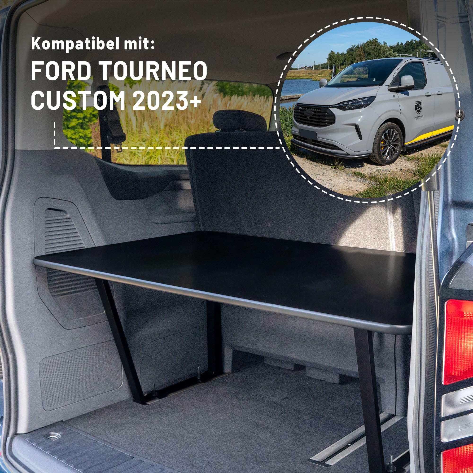 CHROMEMASTER | Kompatibel mit Ford Tourneo Custom L2 Lang 2023+ | Faltbar Bett für Auto, Multiflexboard Bettverlängerung für Camper, Campingbett, Klappbett, Regal, Tisch | Zubehör für den Wohnmobil