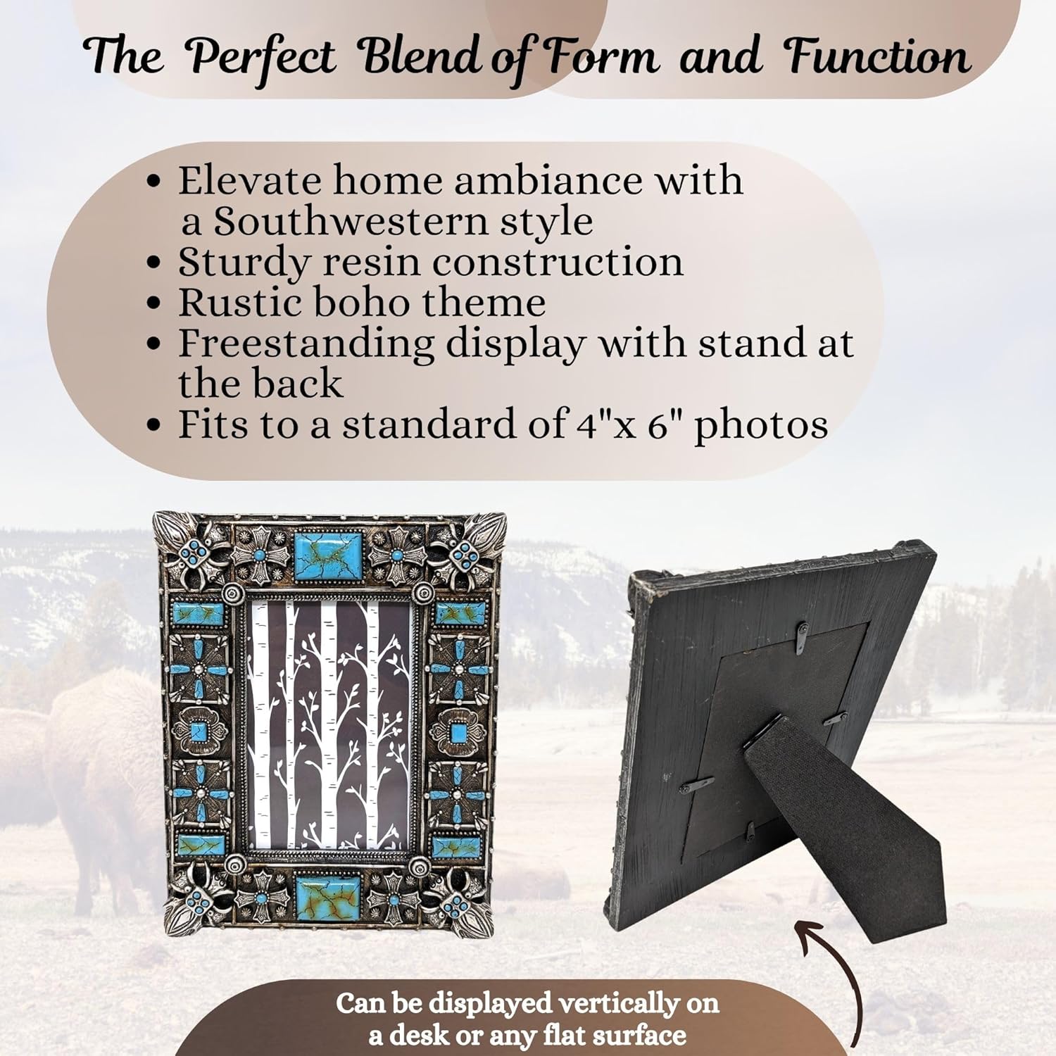 BestGiftEver Unique Southwestern Rectangular Turquoise Gemstone Photo Frame (4x6) - Native American Tabletop Decor | Rustic Picture Frame - Western Home Decor
