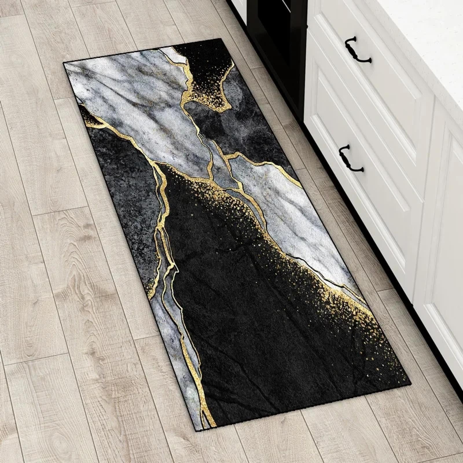 Tapis de cuisine longue bande marbre noir et or 60x250cm pour entrée