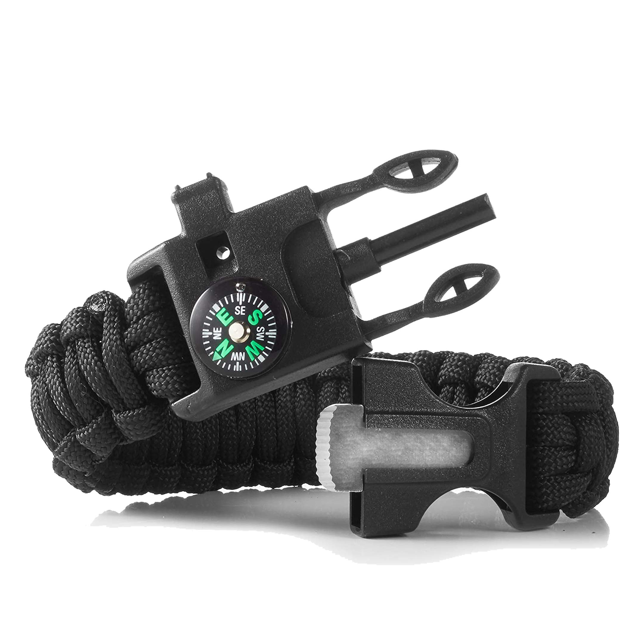 P-51 Black Paracord Bracelet - Ferro Rod Fire Starter with Scraper Tool - Emergency Whistle & Compass (Black)