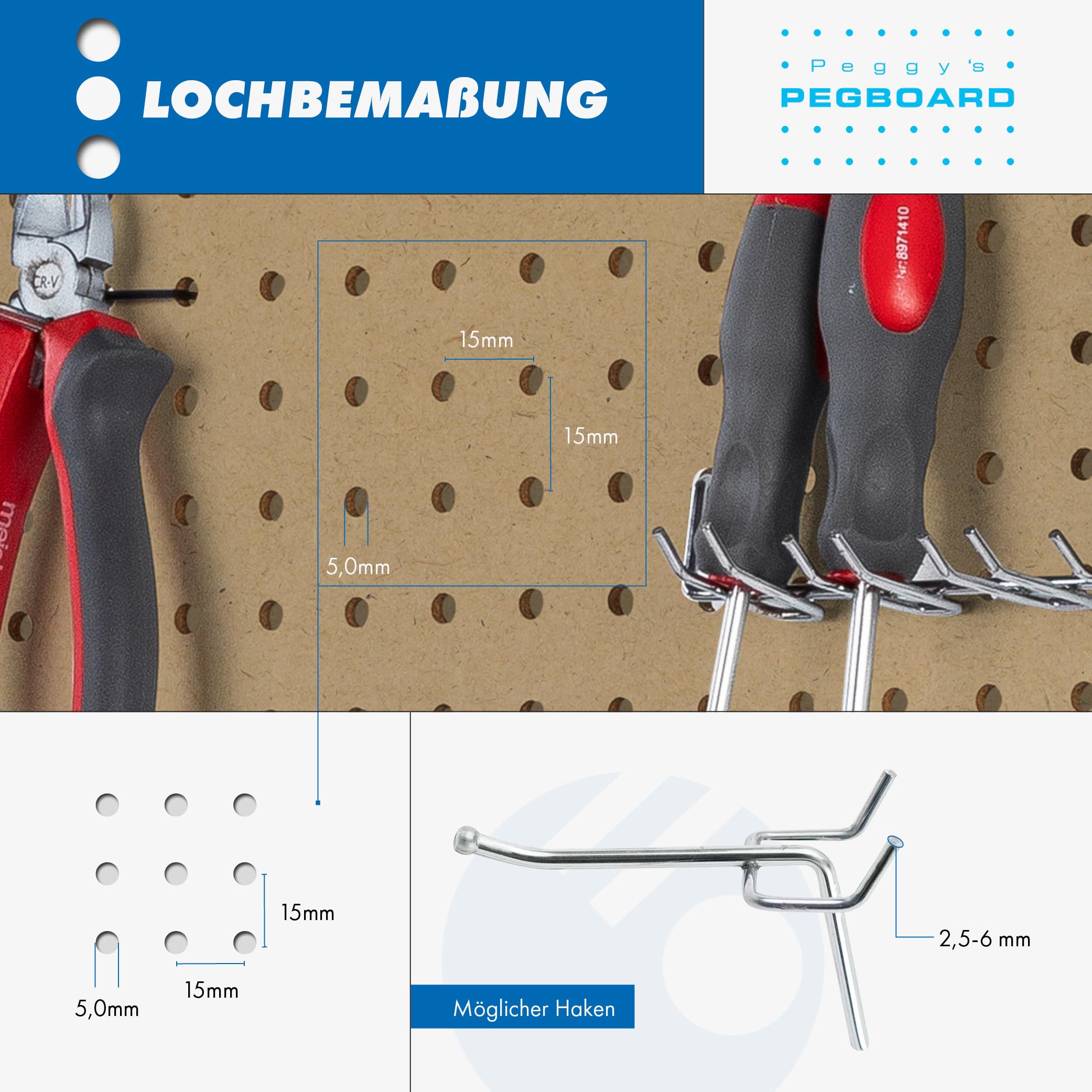 PEGBOARD Mini Lochwand aus Holz (MDF) 50 x 40 x 0,3 cm - Lochung Ø5 mm Abstand 15 mm - roh, unbehandelt - Hergestellt in Deutschland (10)