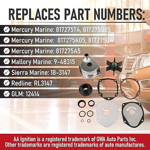 Miniatura 3 de Kit impulsor de bomba de agua compatible con Mercury Marine y Mercruiser - 1991-2021 - Sustituye a motores 817275Q05, 817275T4, 18-3147, 9-48315