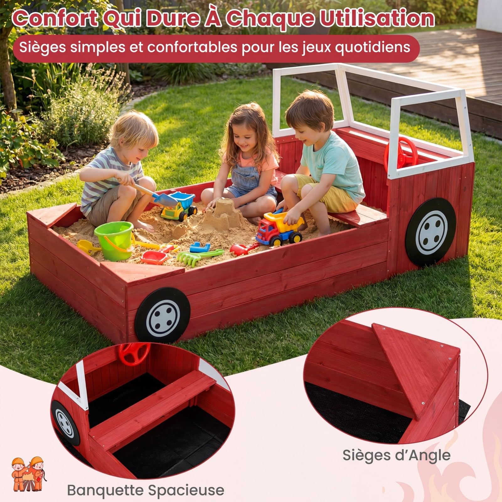 COSTWAY Bac à Sable Enfant Extérieur en Forme Camion Pompiers avec Bancs, Bac à Sable en Sapin avec Volant Rotatif et Doublure, Charge 100kg pour 18 Mois+, Jeux Extérieur Sensoriel pour Jardin Plage