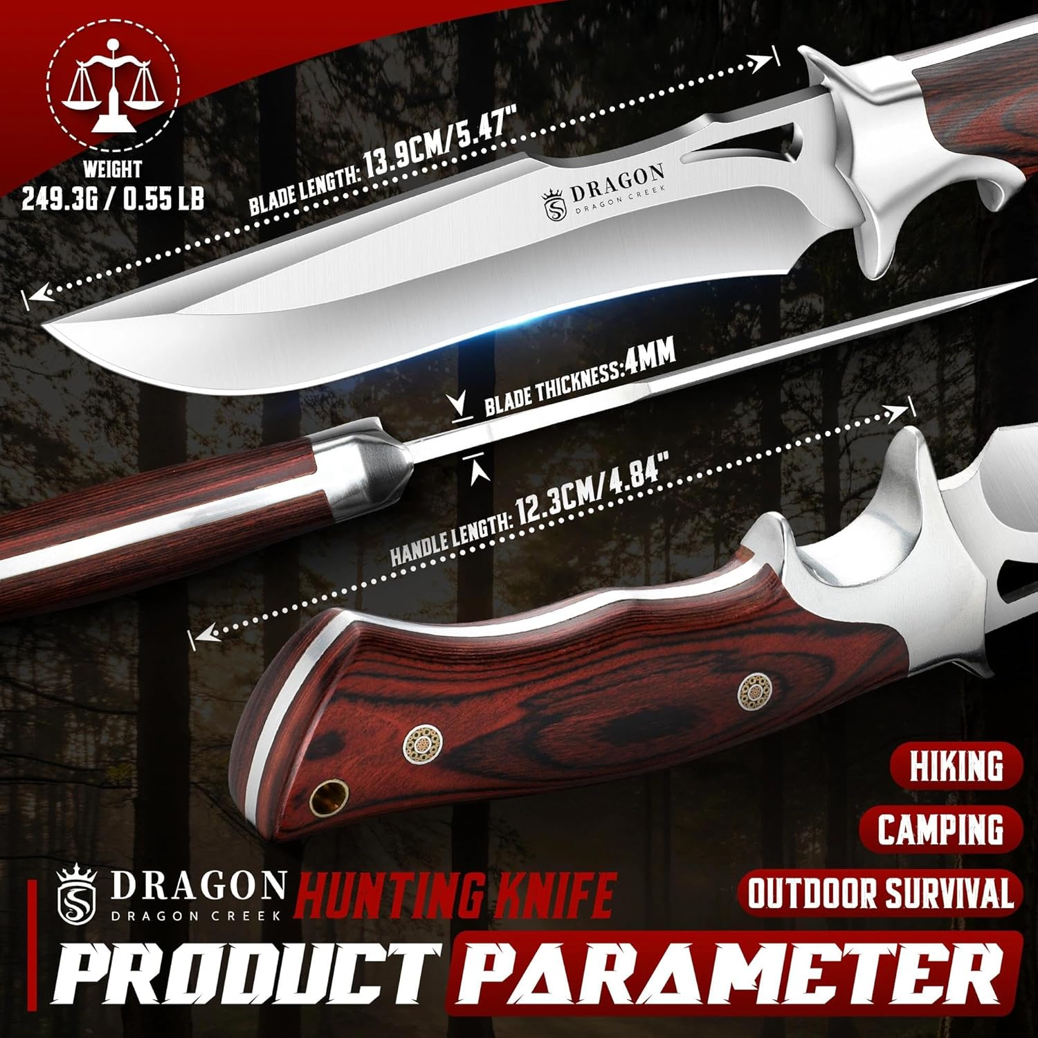 Dragon Creek Fixed Blade Knife - Bowie Knife with Wooden Handle Leather Sheath for Fishing Camping Men Gift