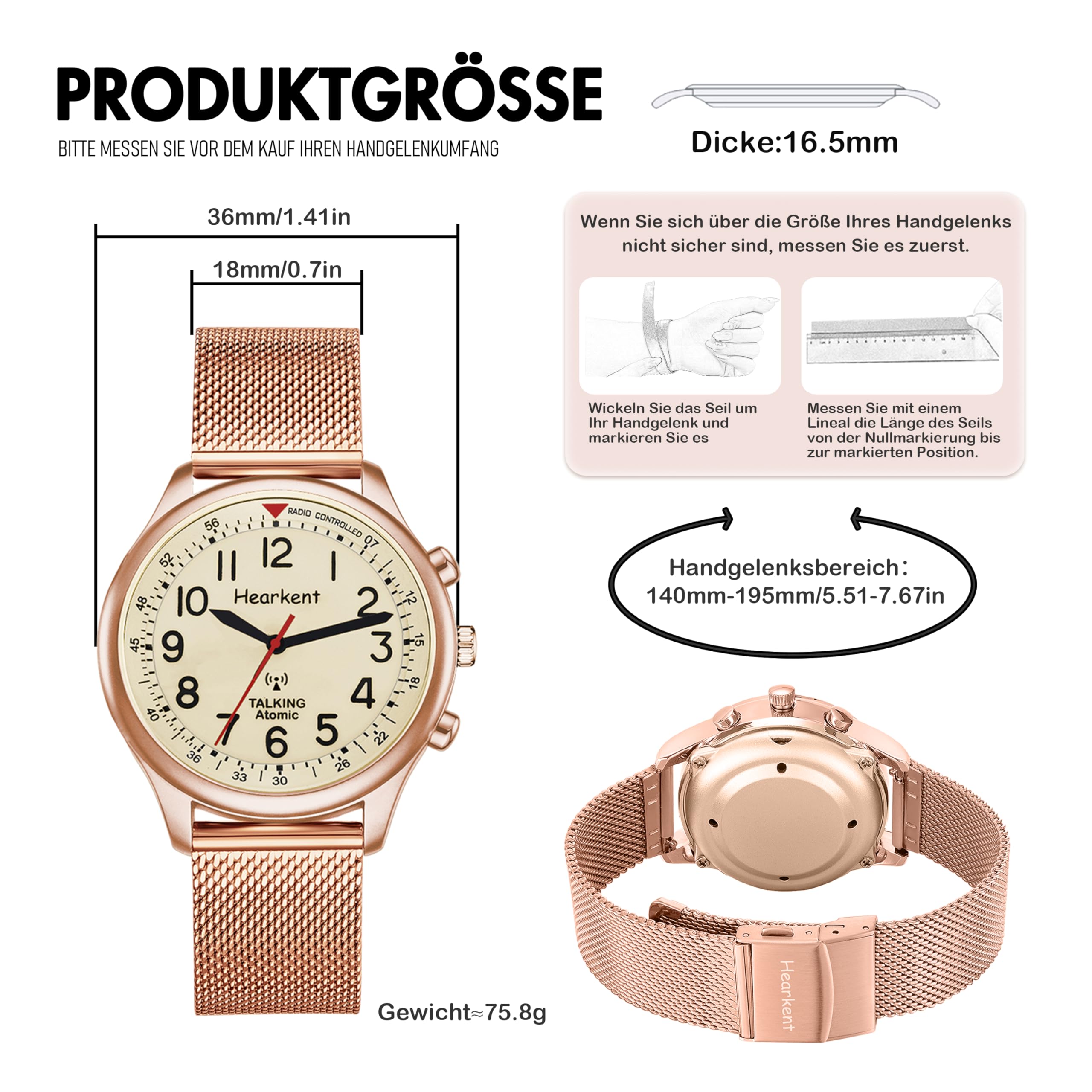 Hearkent Damen Sprechende Uhr, Laute und Klare Deutsche Sprachfunktion | Funk-Sprechuhr Analoge Armbanduhr für Senioren, Blinde und Menschen mit sehbehinderte
